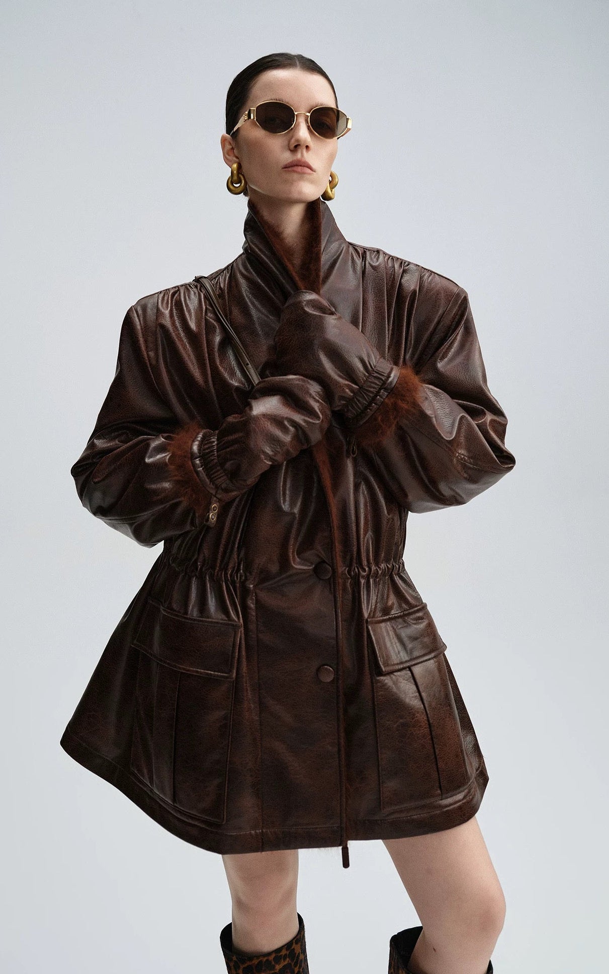 Caramel Brown Down Jacket with Fur Collar