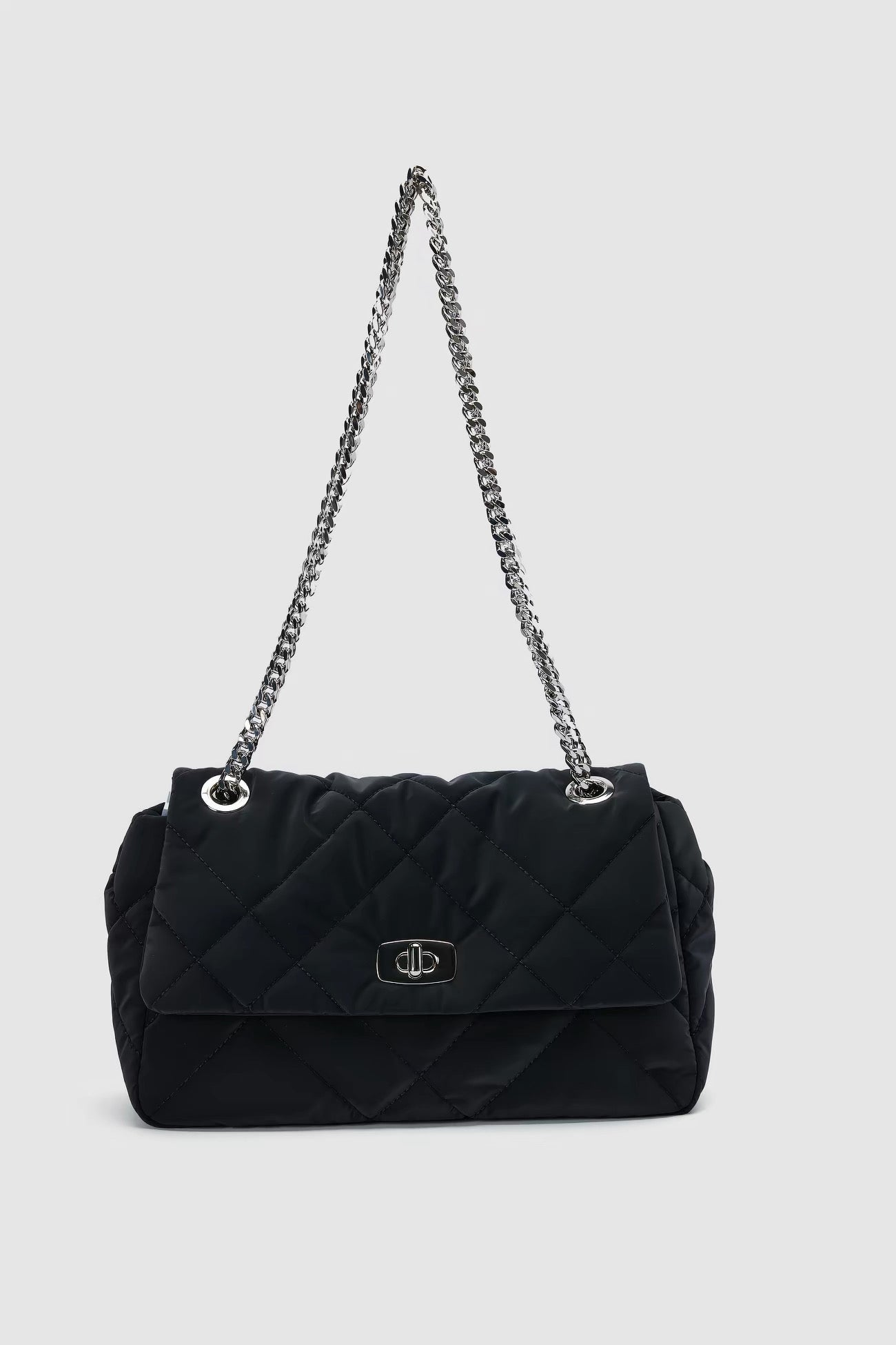 Black Quilted Shoulder Bag - Silver Chain