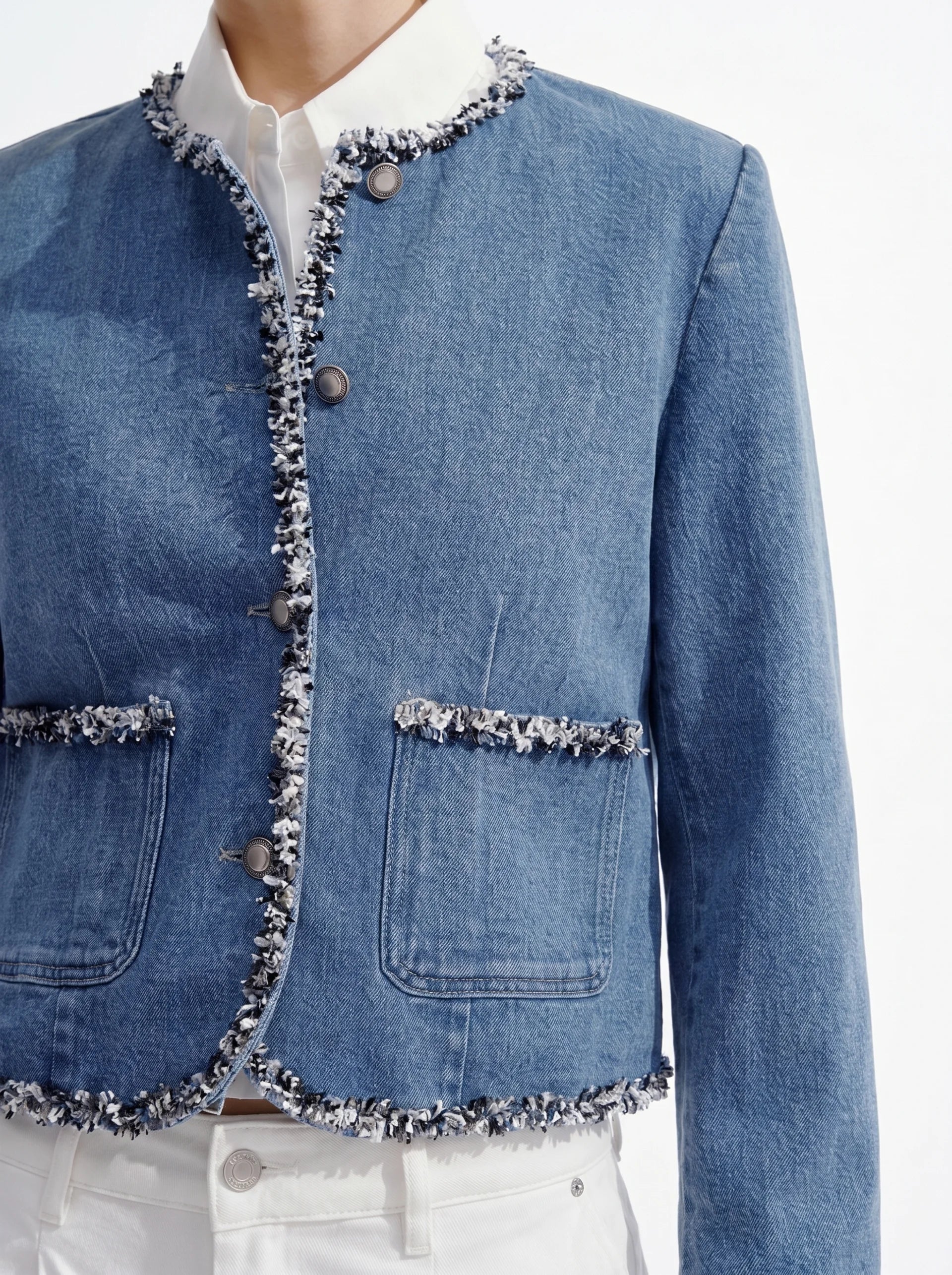Blue Denim Tweed Trim Jacket