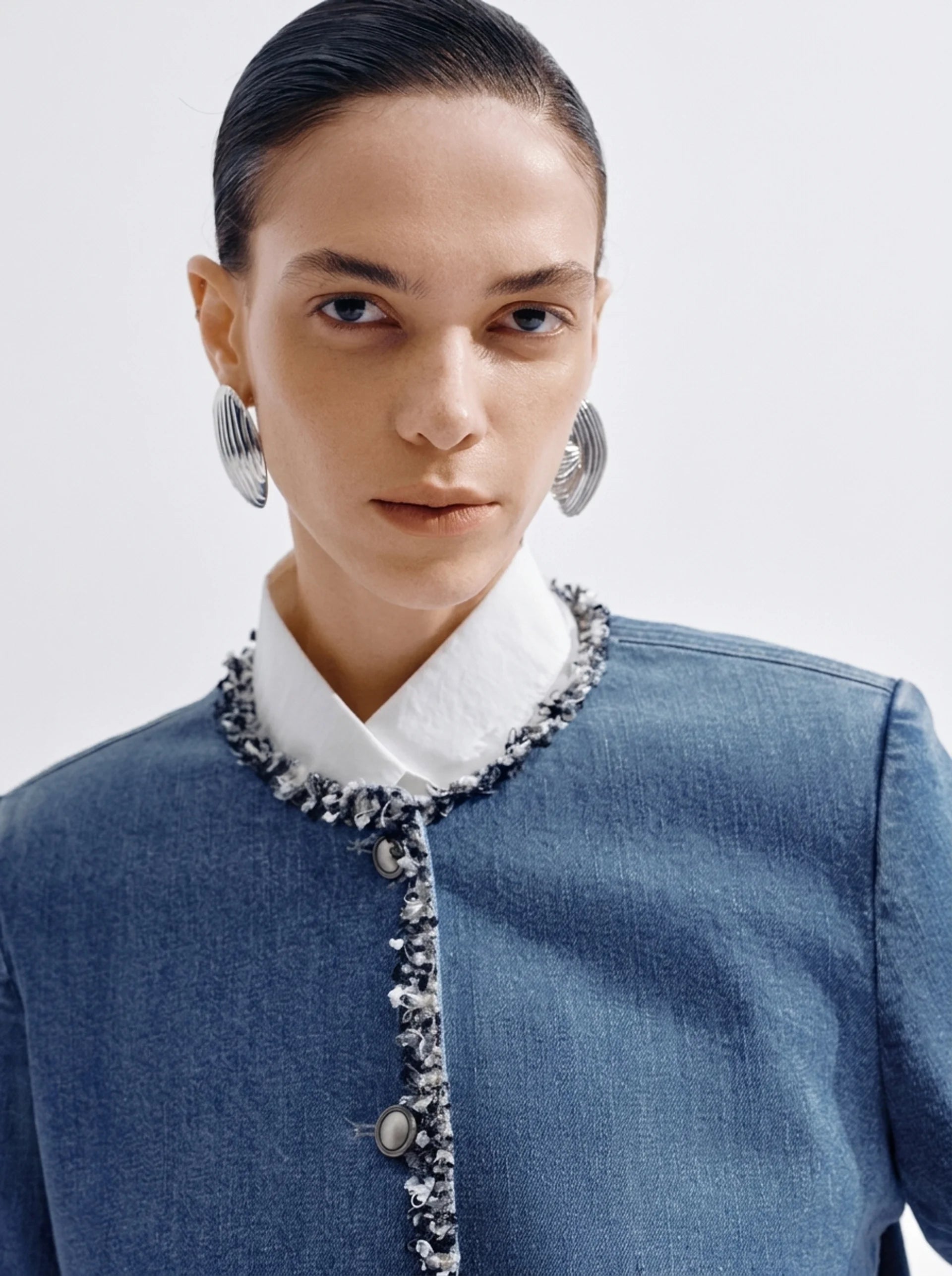 Blue Denim Tweed Trim Jacket