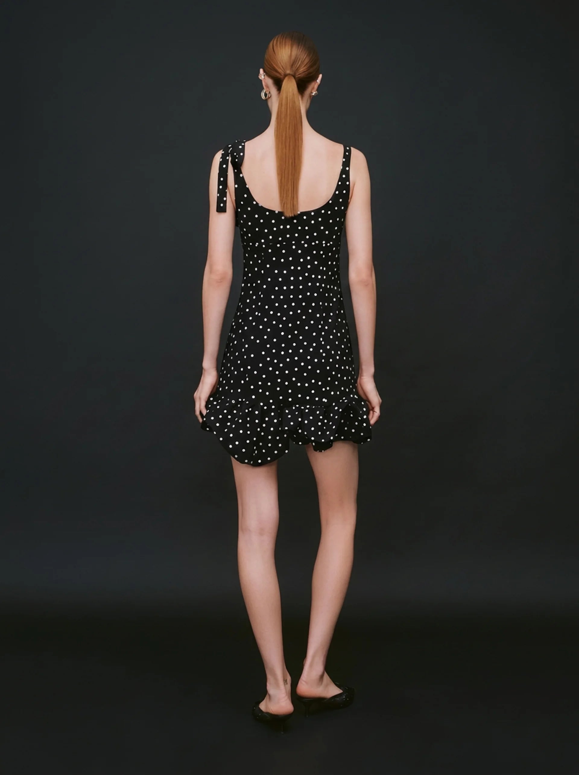 Polka Dot Tie-Shoulder Mini Dress Black