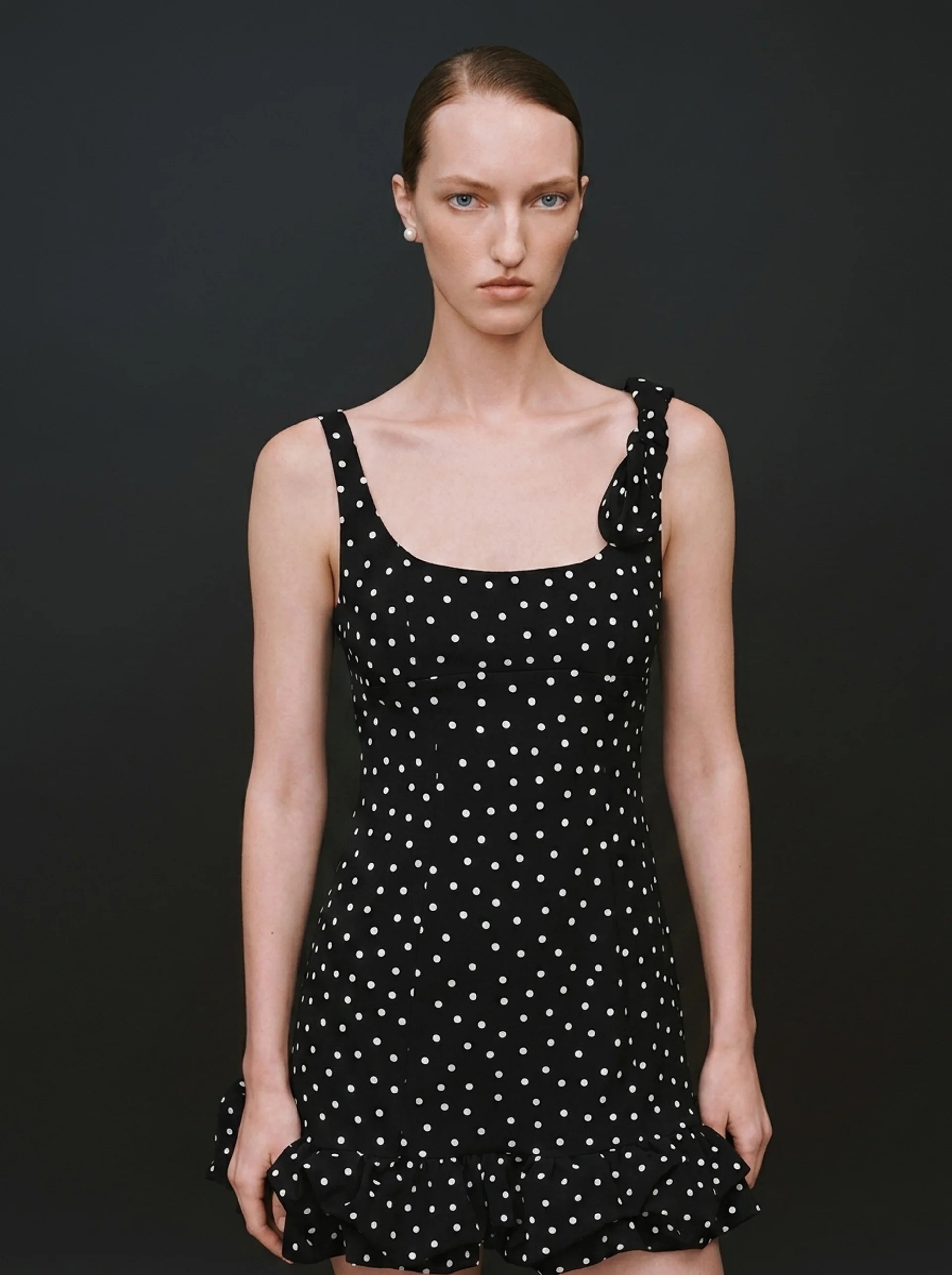 Polka Dot Tie-Shoulder Mini Dress Black