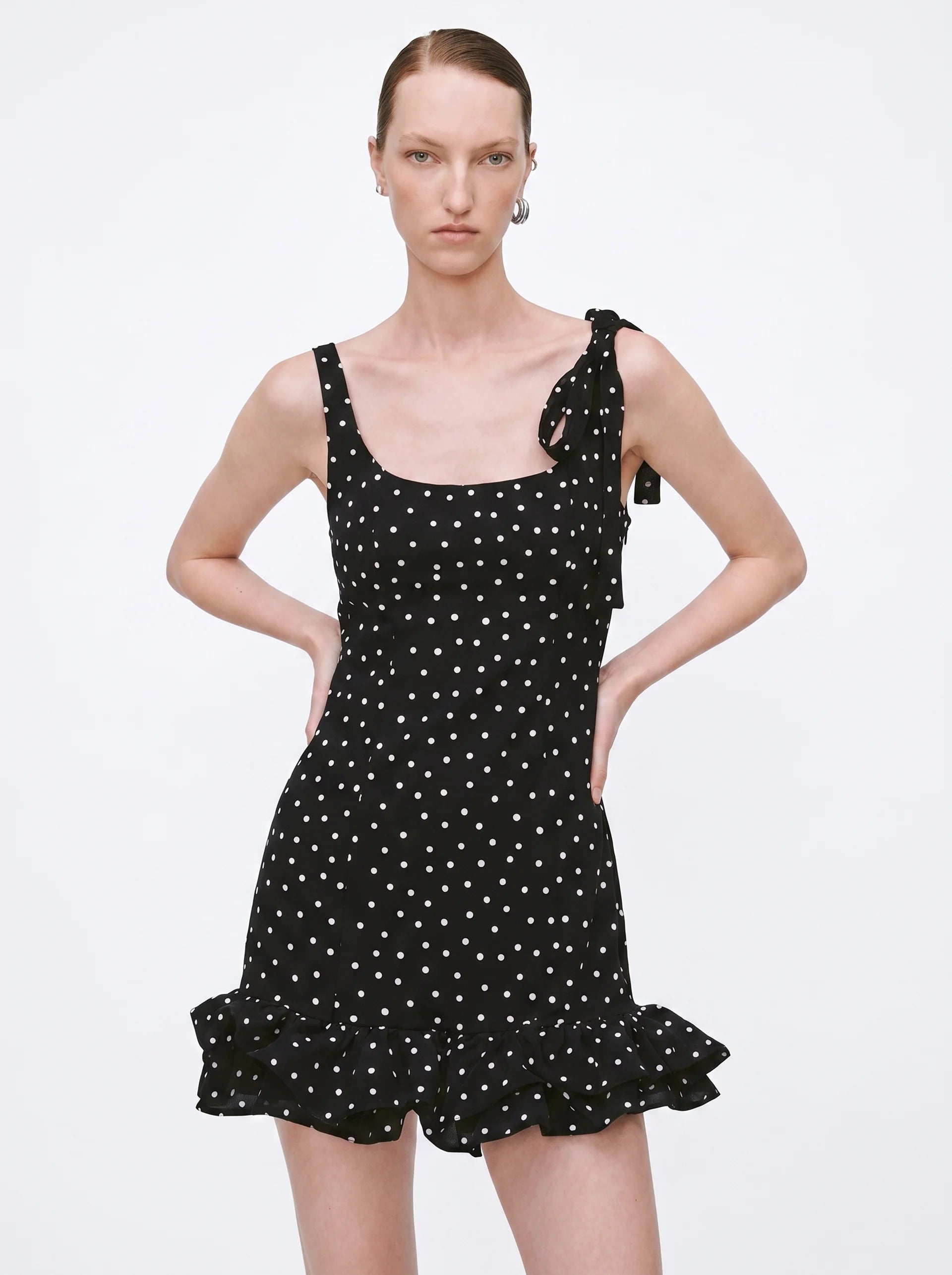 Polka Dot Tie-Shoulder Mini Dress Black