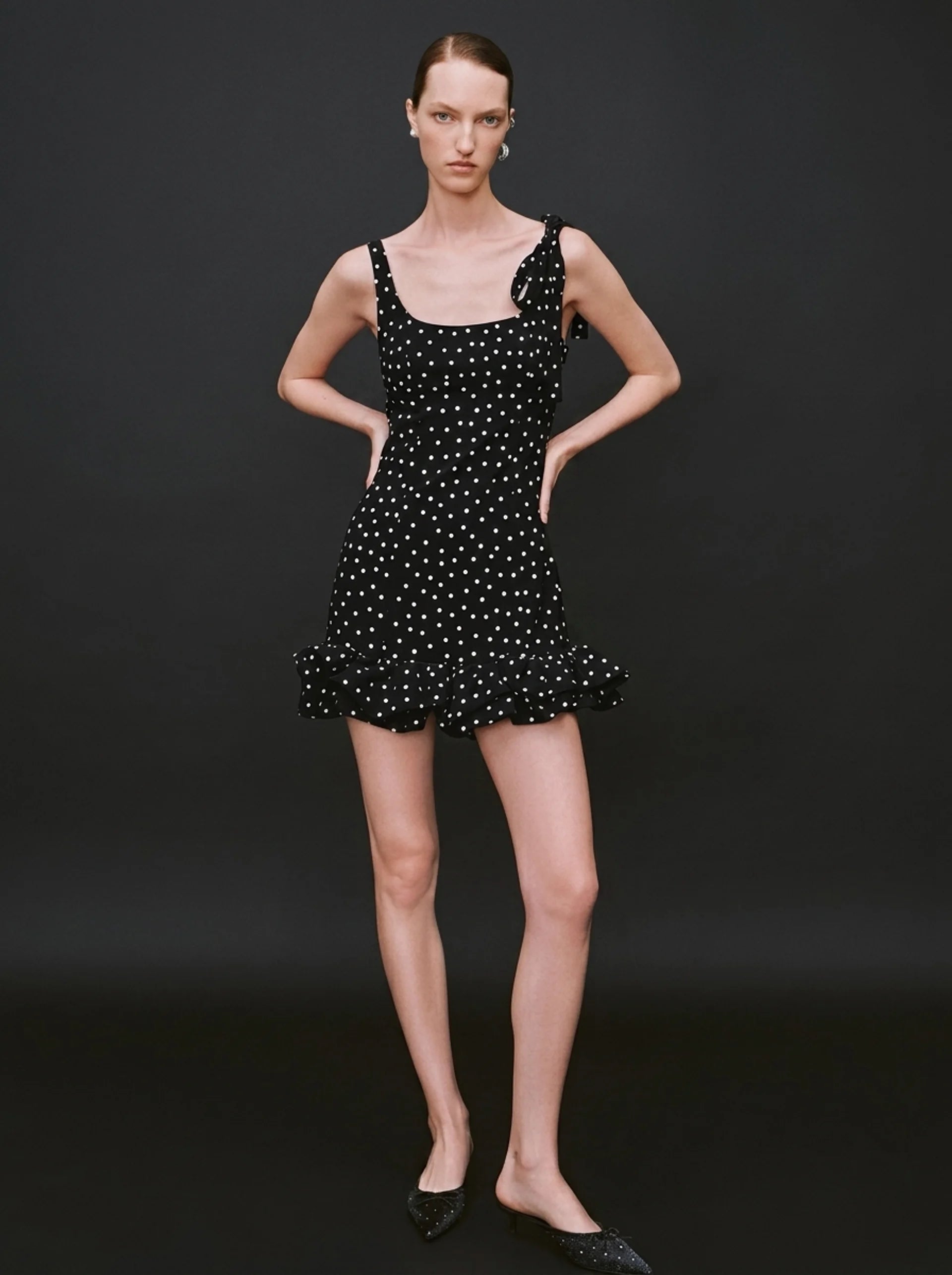 Polka Dot Tie-Shoulder Mini Dress Black