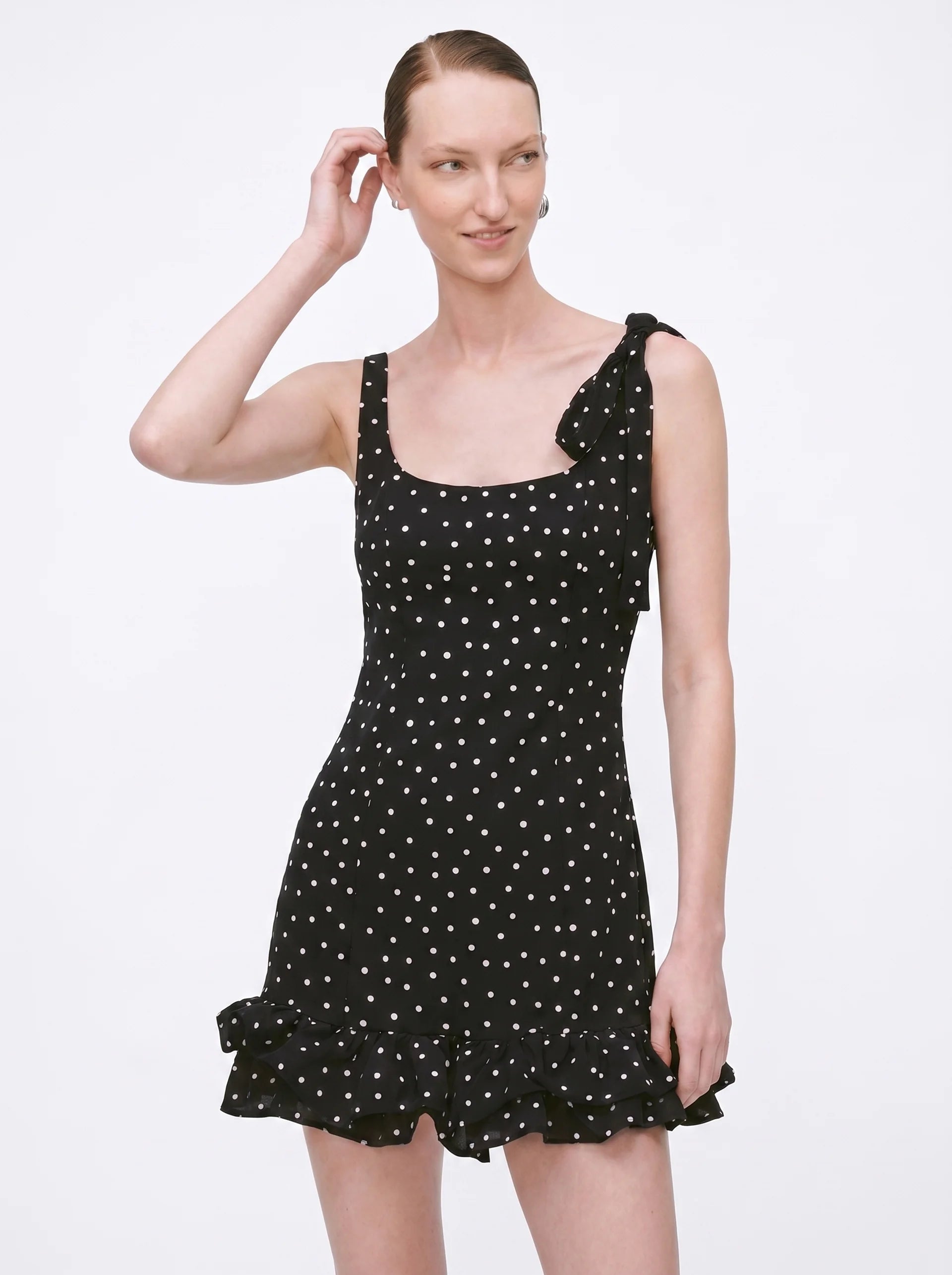 Polka Dot Tie-Shoulder Mini Dress Black