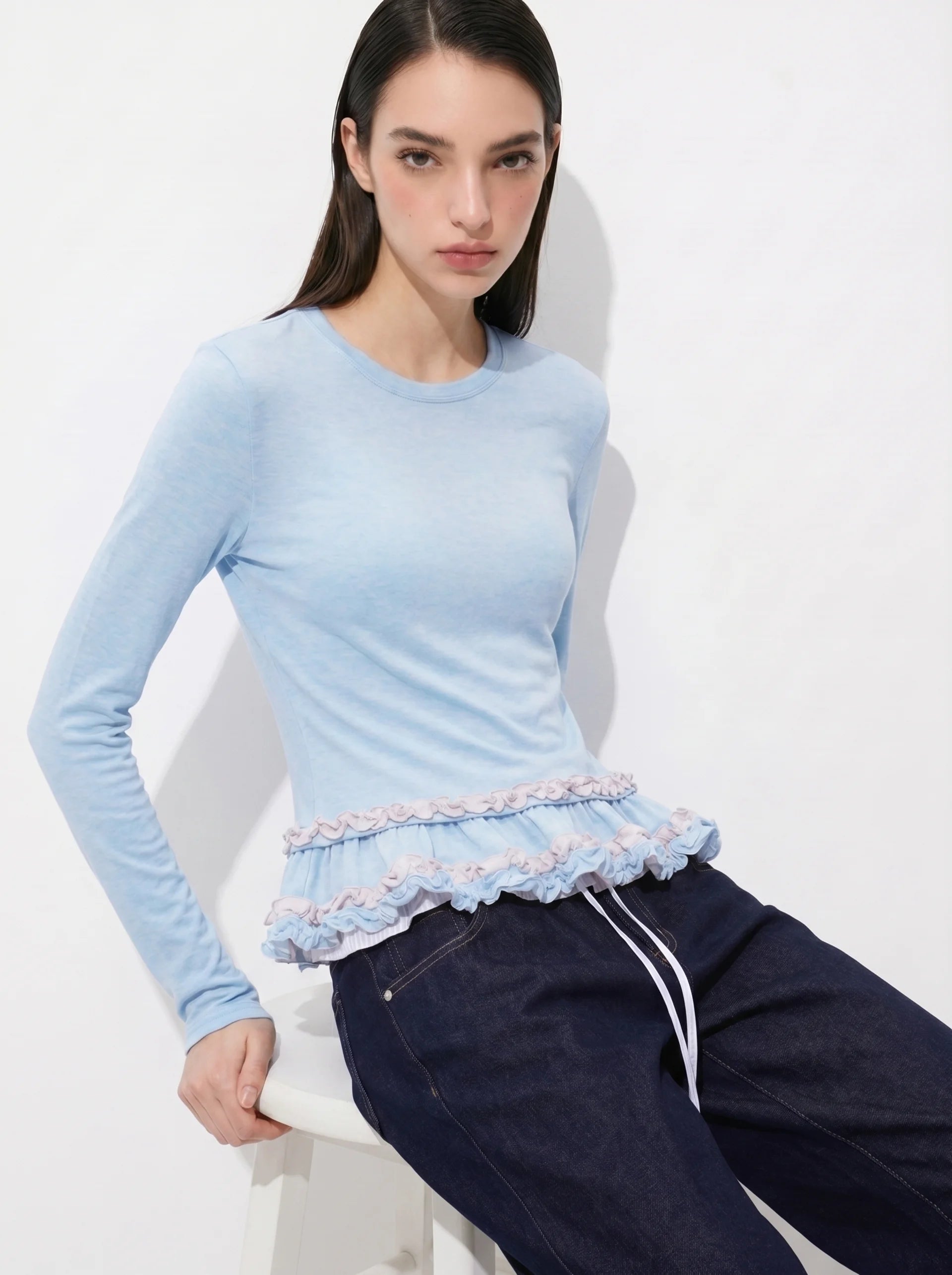 Powder Blue Ruffle Hem Knit Top