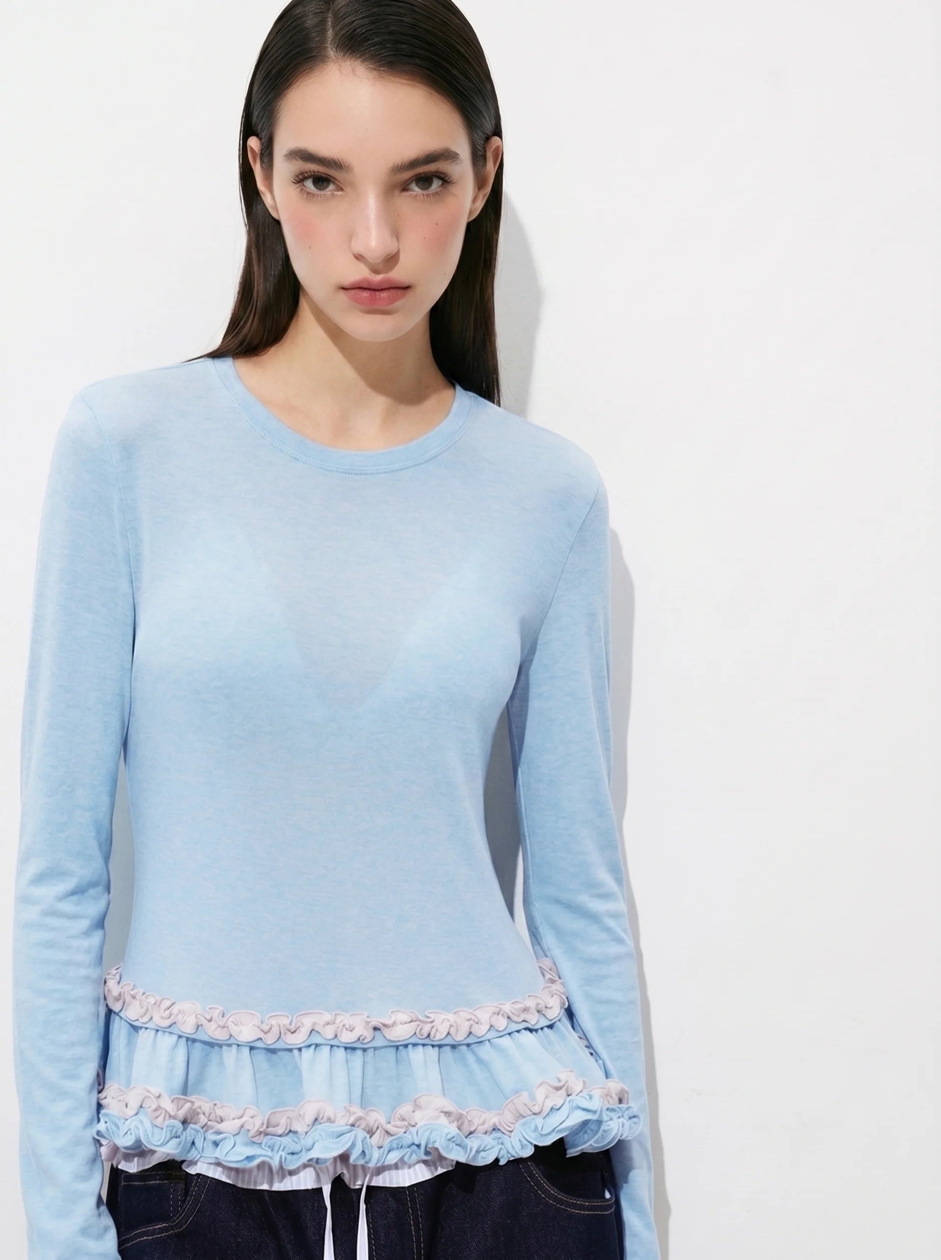 Powder Blue Ruffle Hem Knit Top