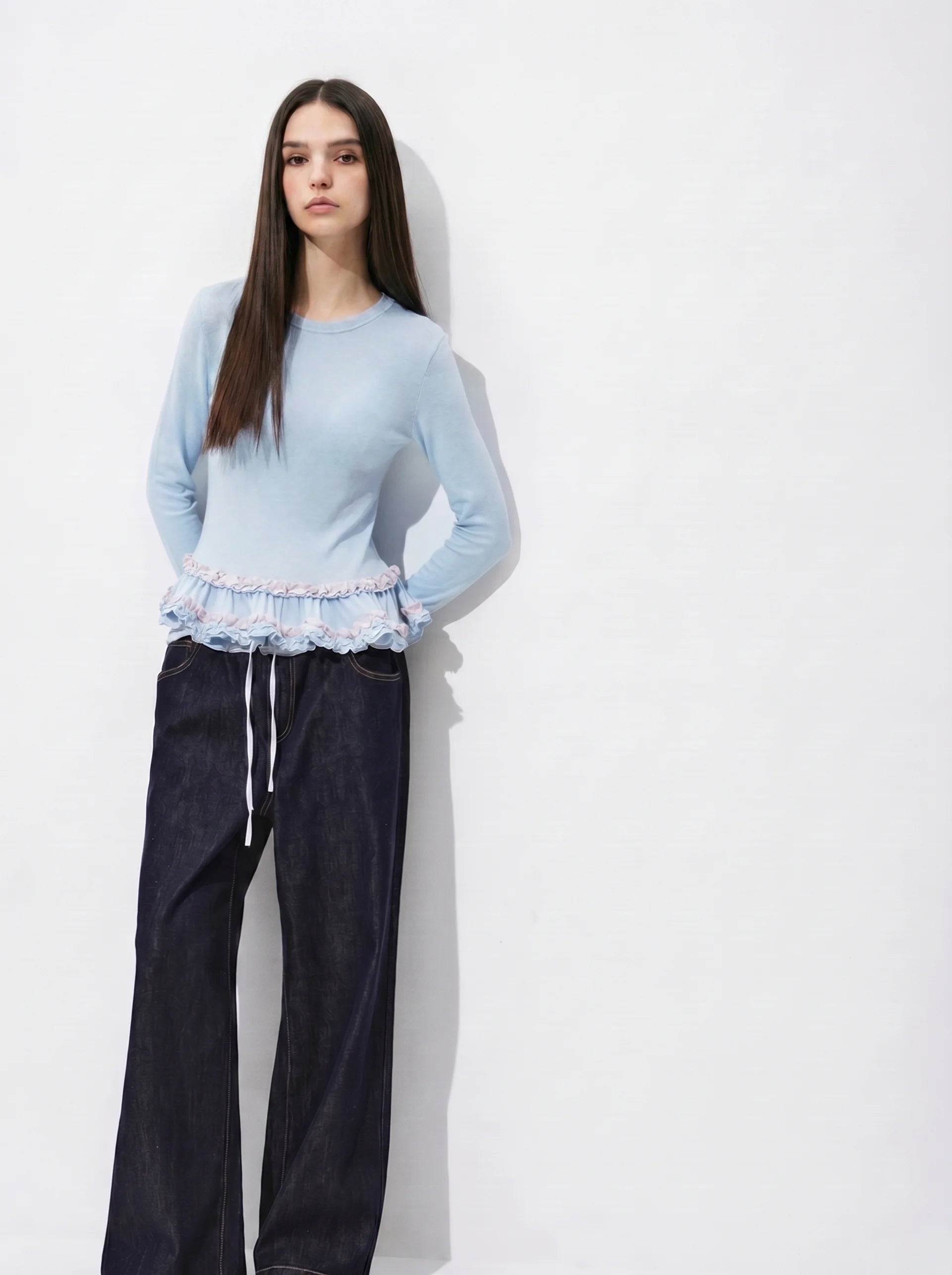 Powder Blue Ruffle Hem Knit Top