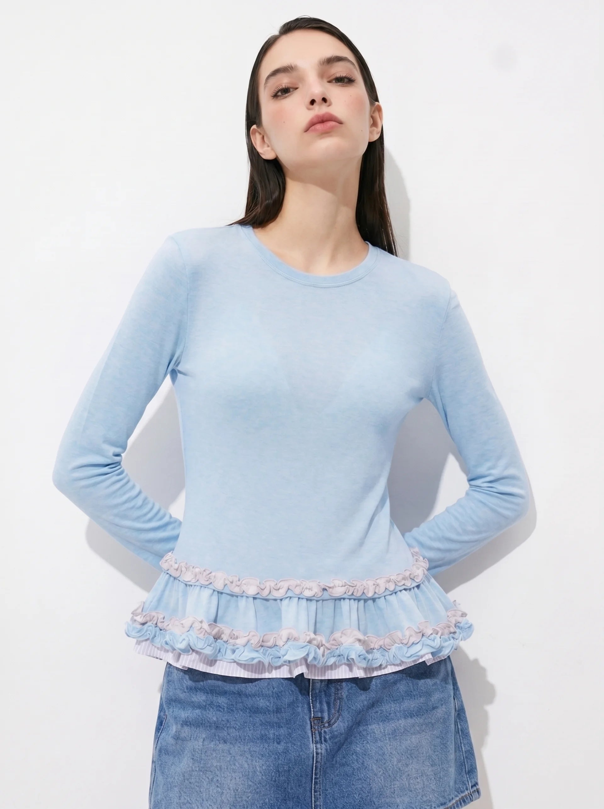 Powder Blue Ruffle Hem Knit Top