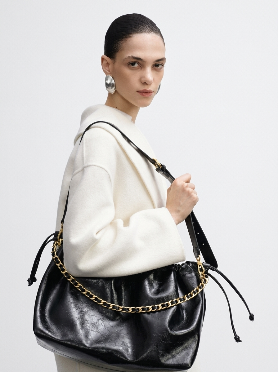 Black Leather Hobo Bag - Gold Chain