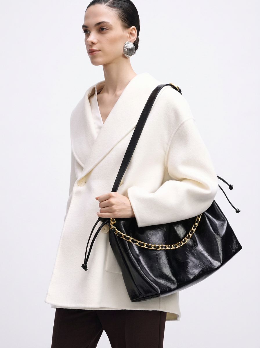 Black Leather Hobo Bag - Gold Chain