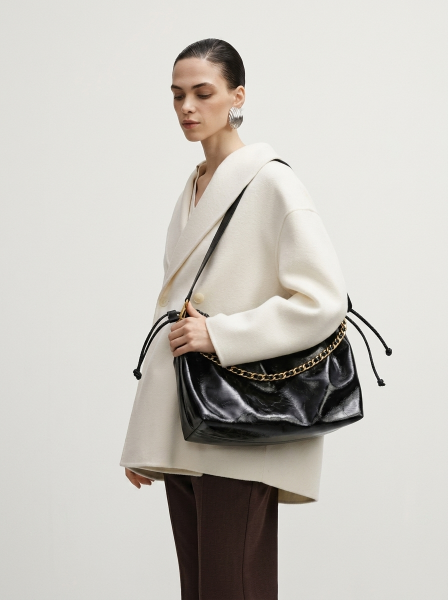 Black Leather Hobo Bag - Gold Chain