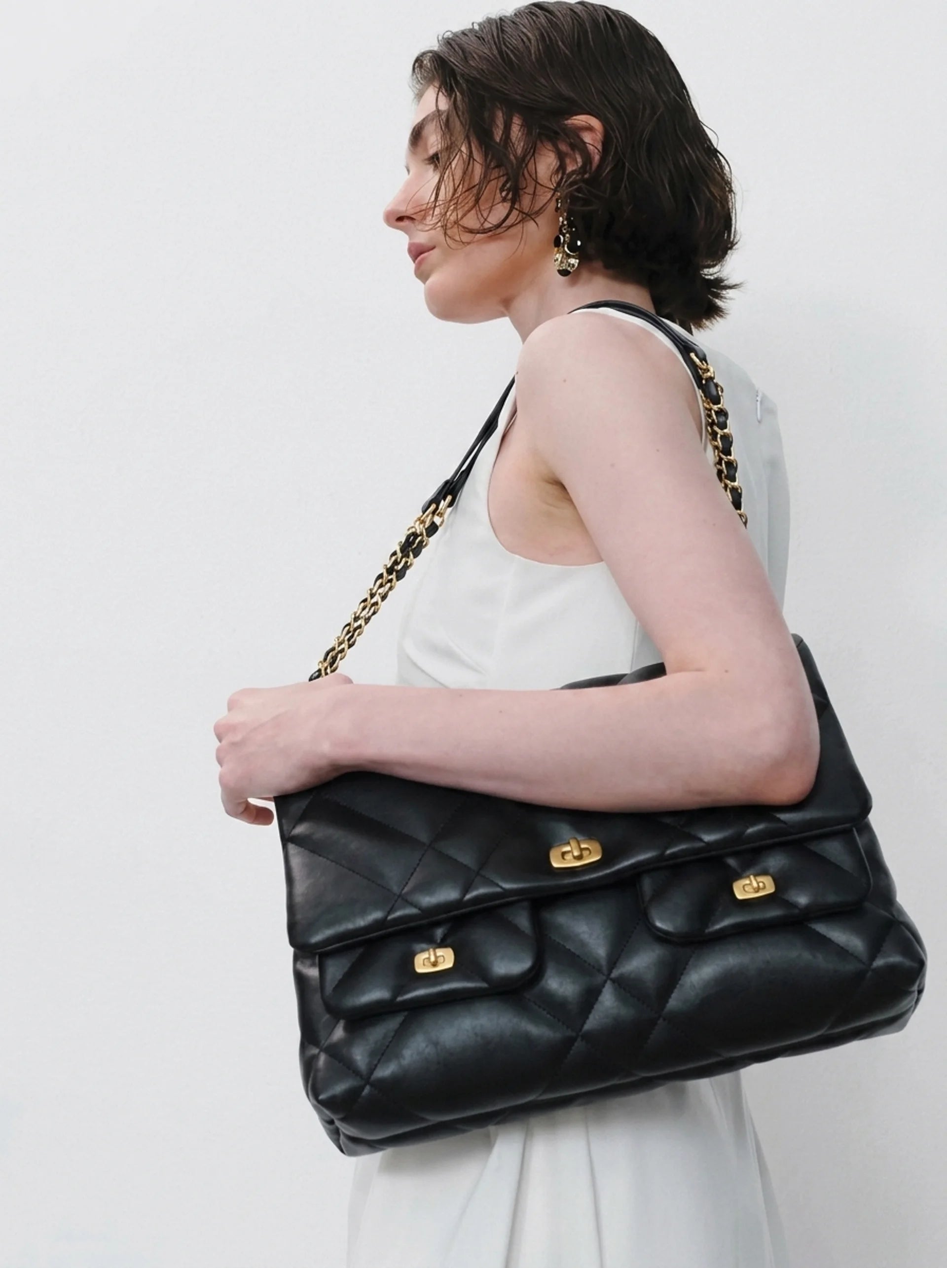 Black Quilted Shoulder Bag - Gold Chain