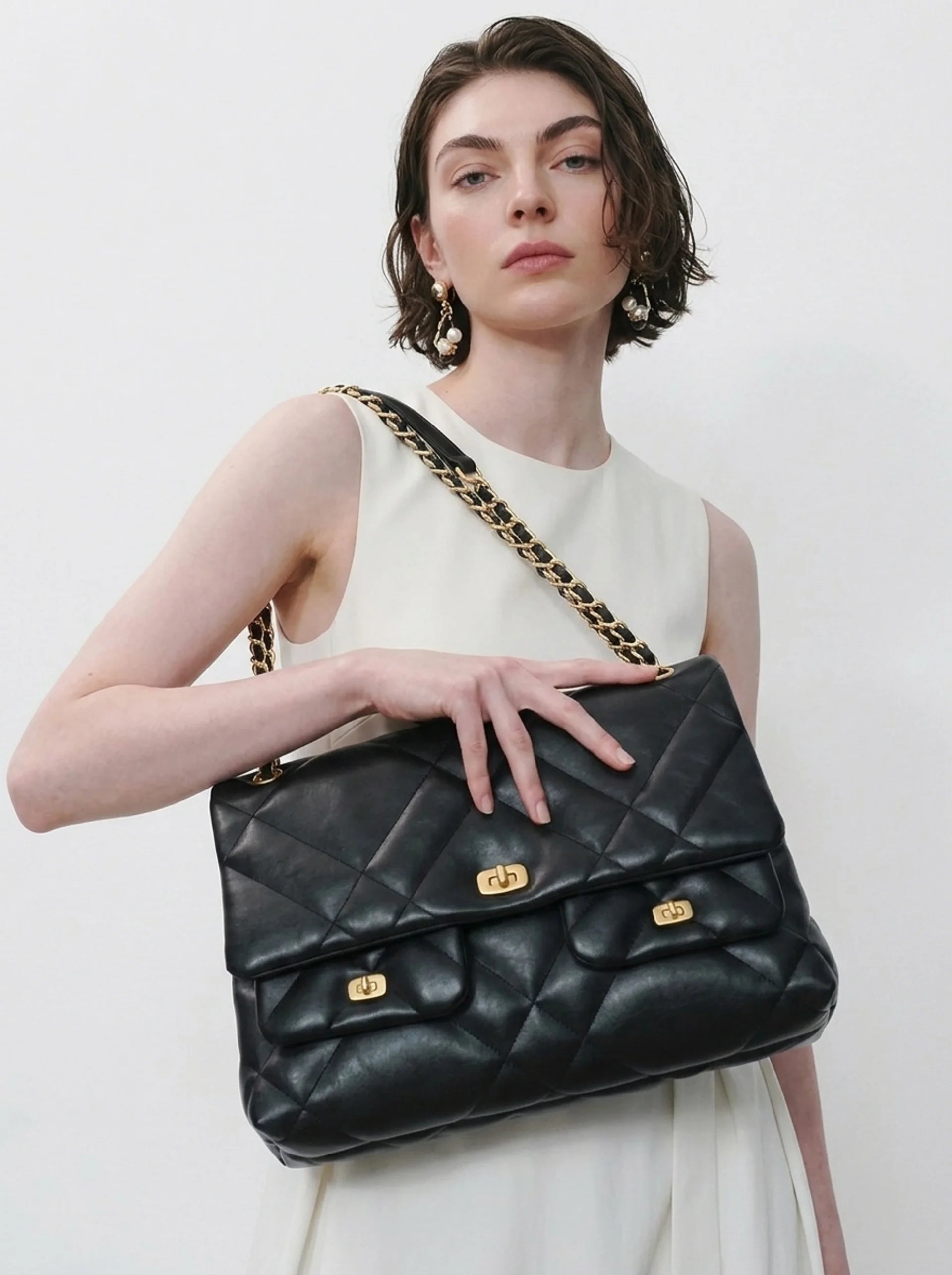 Black Quilted Shoulder Bag - Gold Chain