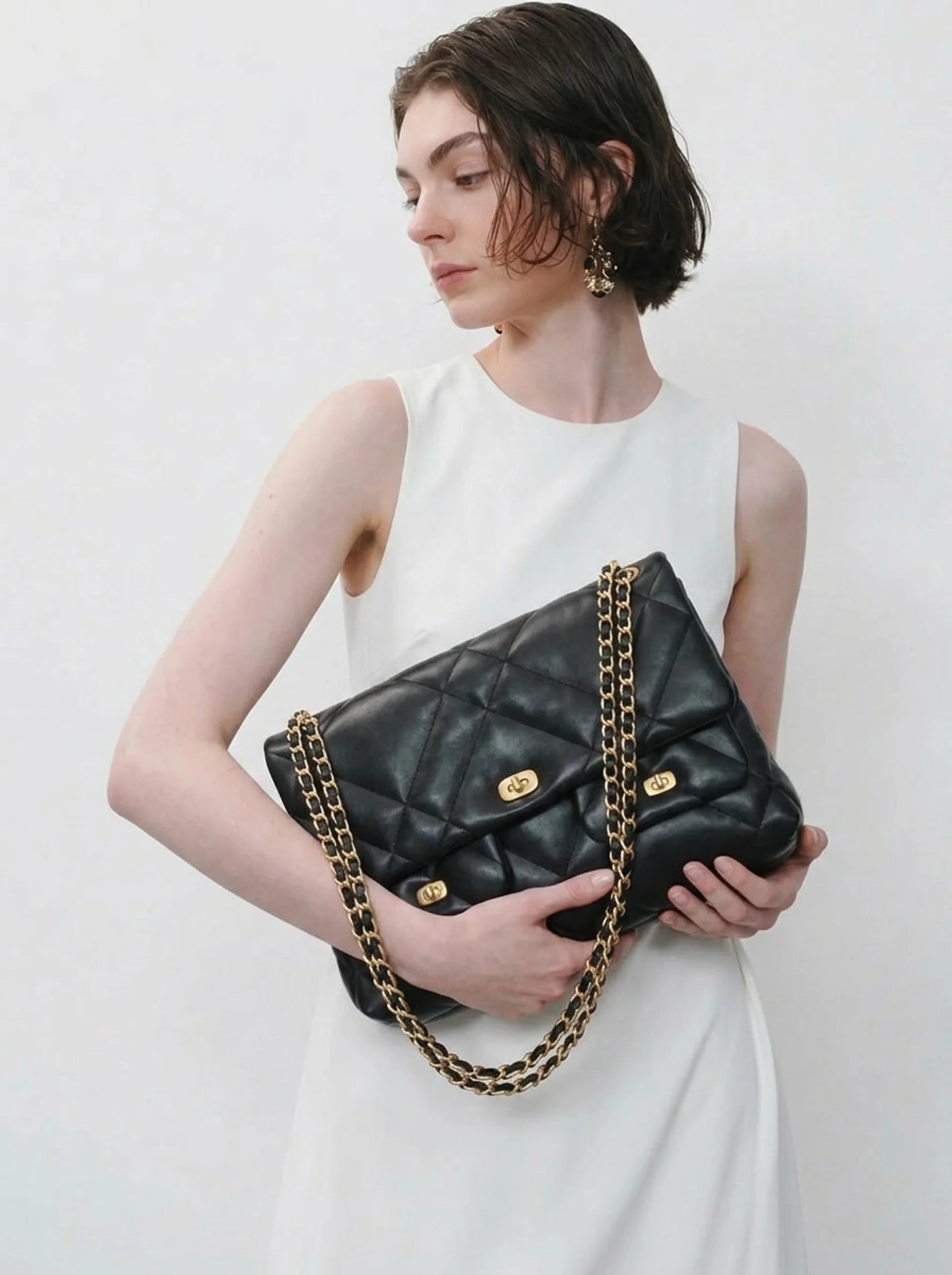 Black Quilted Shoulder Bag - Gold Chain