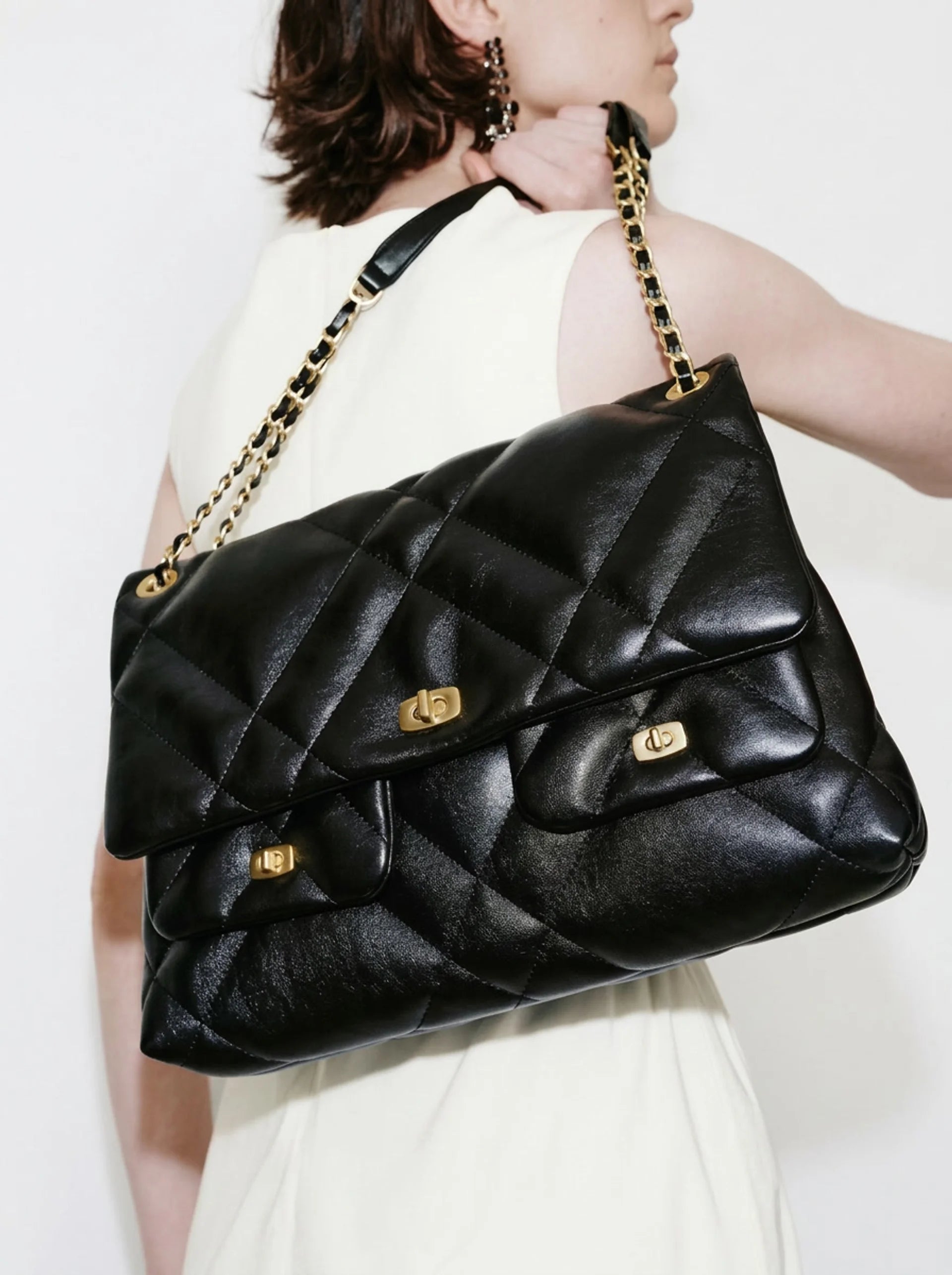 Black Quilted Shoulder Bag - Gold Chain