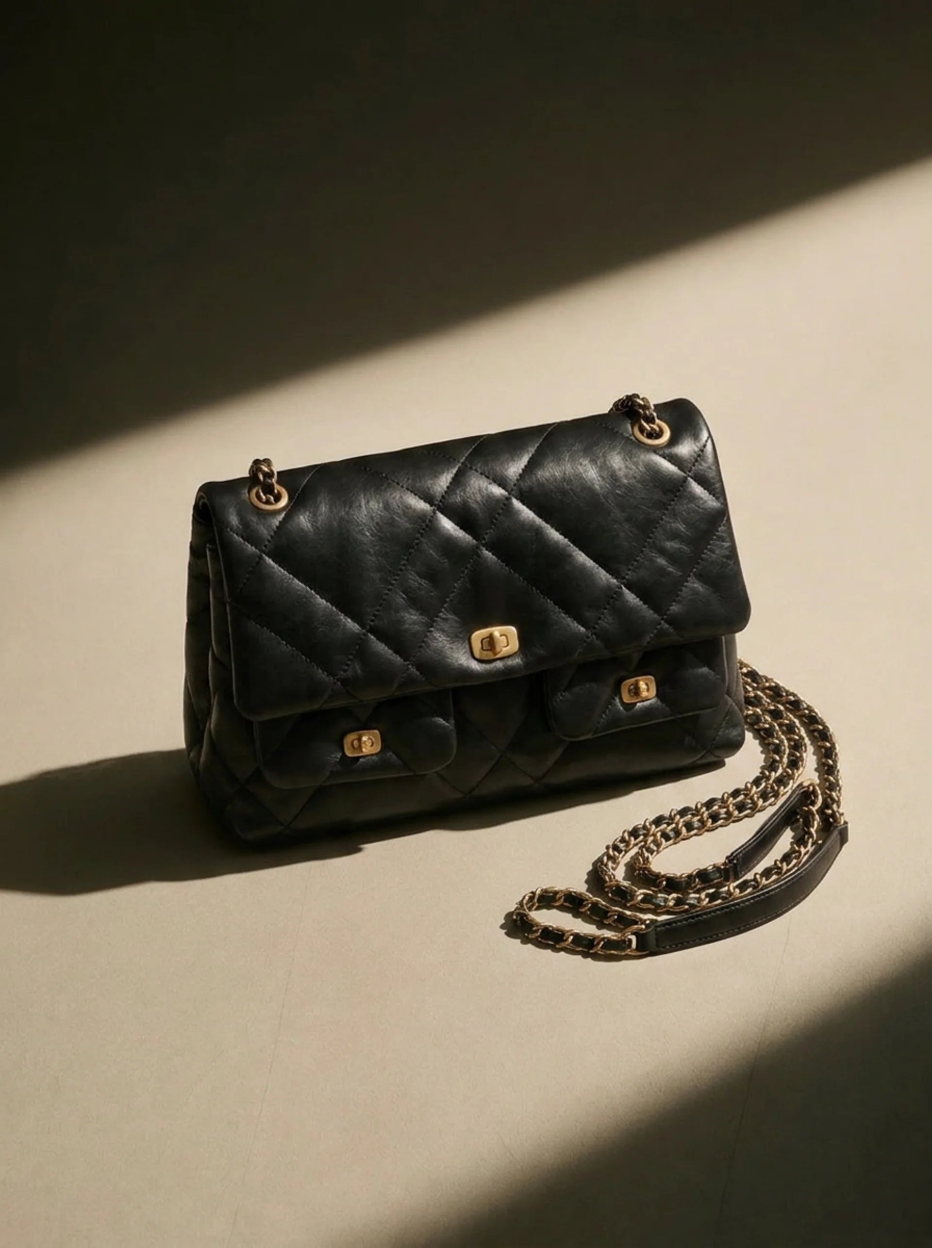 Black Quilted Shoulder Bag - Gold Chain