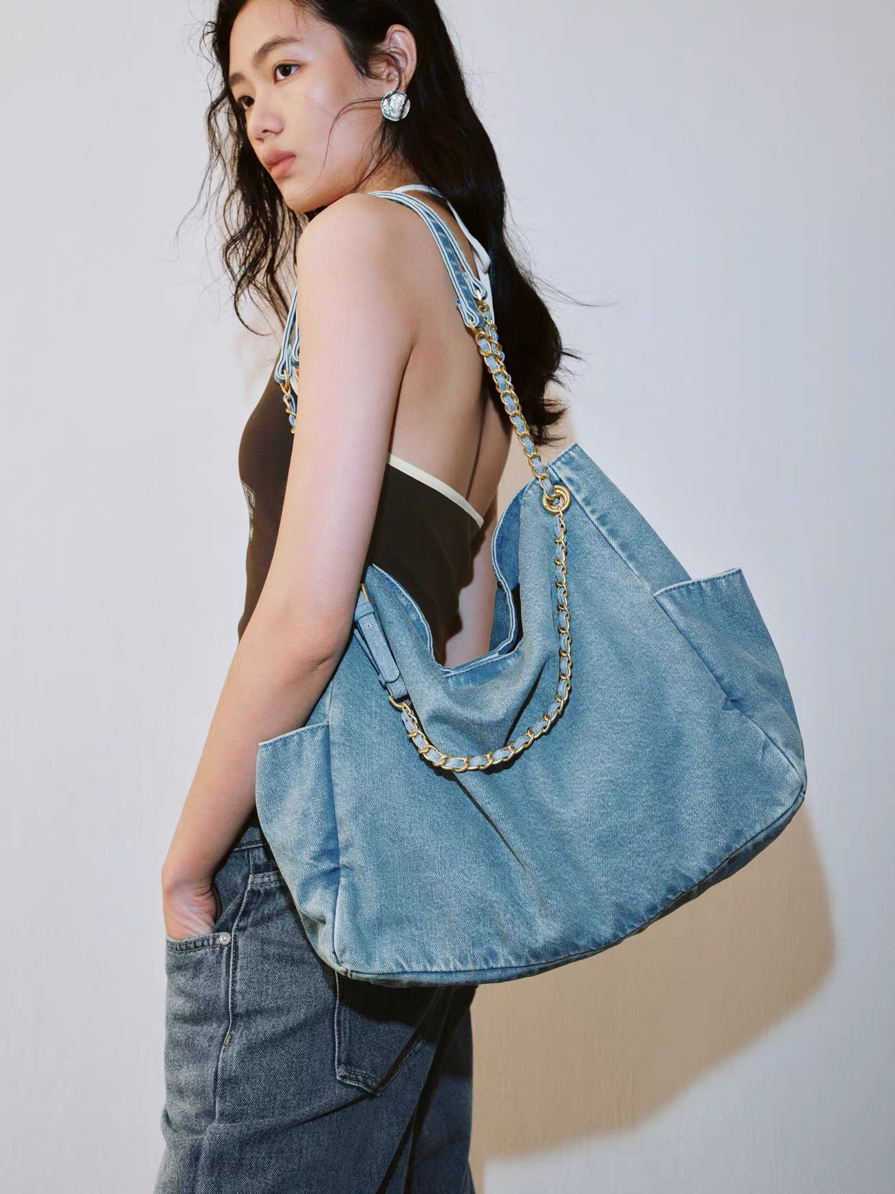 Light Blue Denim Gold Chain Shoulder Bag