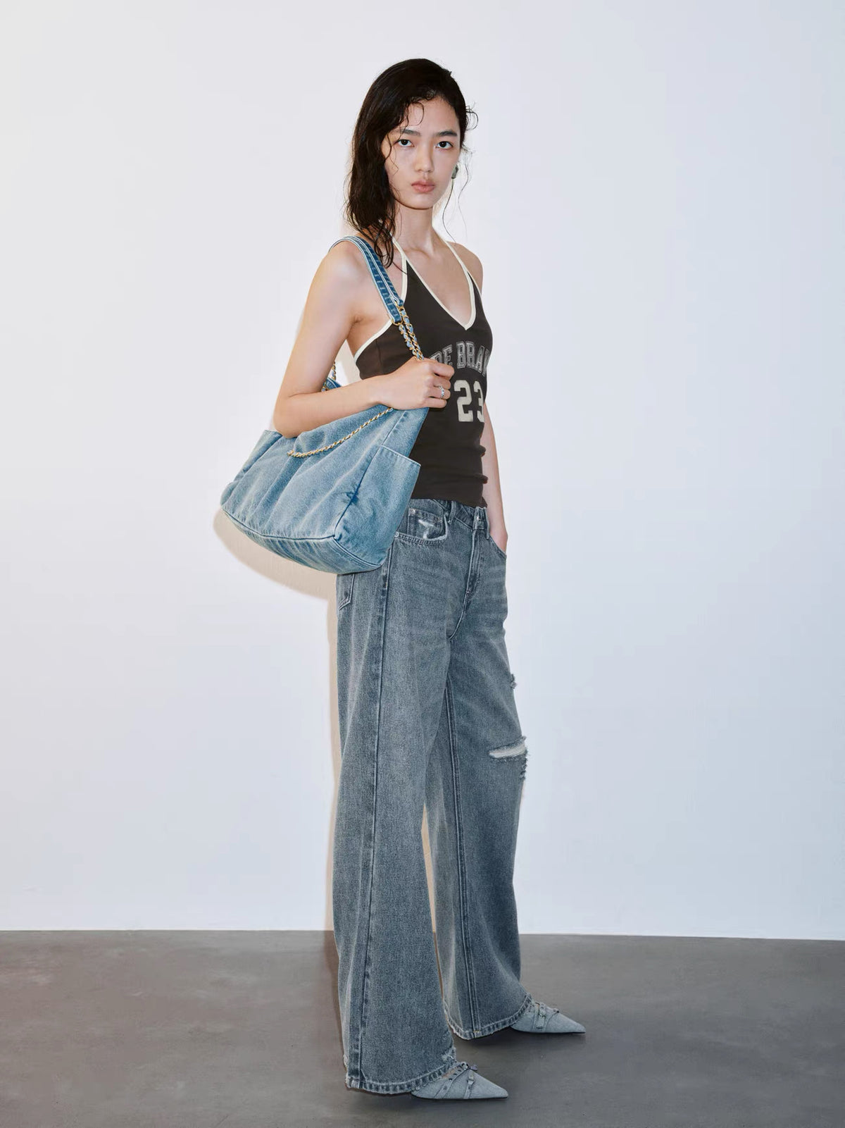 Roos Denim Chain Hobo Bag — back view