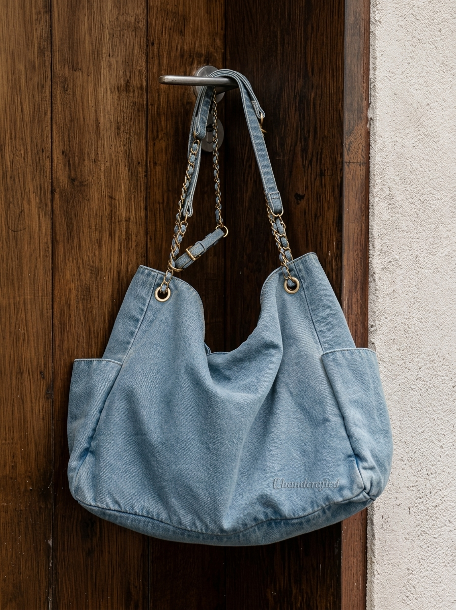 Light Blue Denim Gold Chain Shoulder Bag