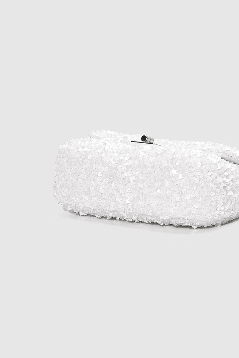 Simone Sequin Flap Bag — closure and hardware detail