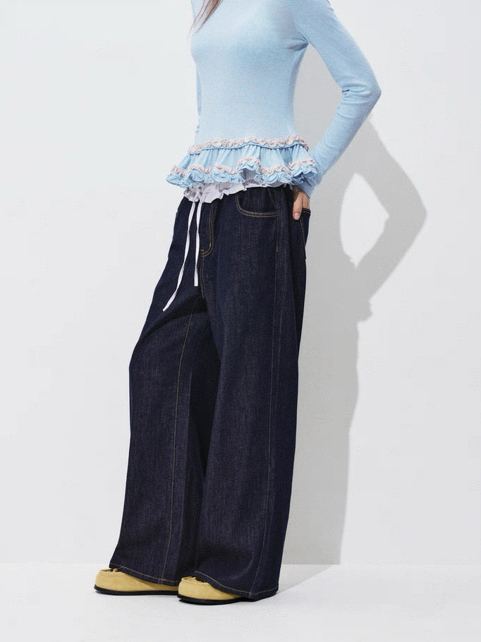 Indigo Wide-Leg Jeans with Ruffled Shirred Waist – Effortless Charm
