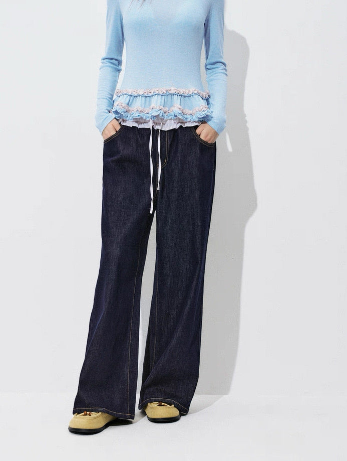 Indigo Wide-Leg Jeans with Ruffled Shirred Waist – Effortless Charm