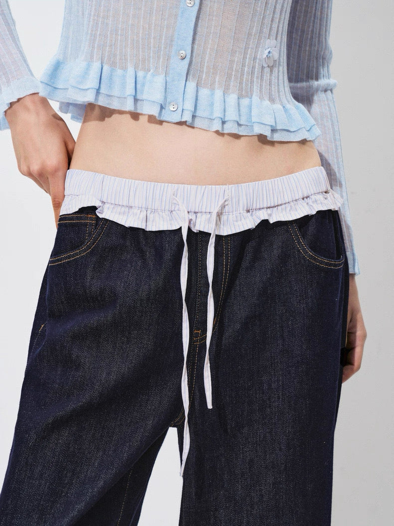 Indigo Wide-Leg Jeans with Ruffled Shirred Waist – Effortless Charm
