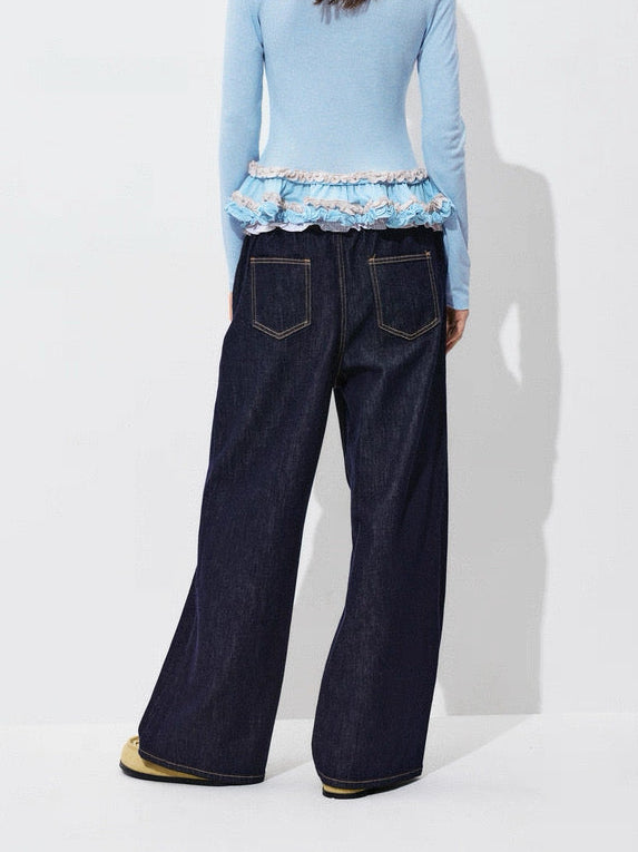 Indigo Wide-Leg Jeans with Ruffled Shirred Waist – Effortless Charm