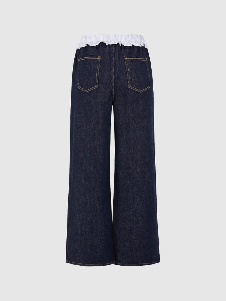 Indigo Wide-Leg Jeans with Ruffled Shirred Waist – Effortless Charm
