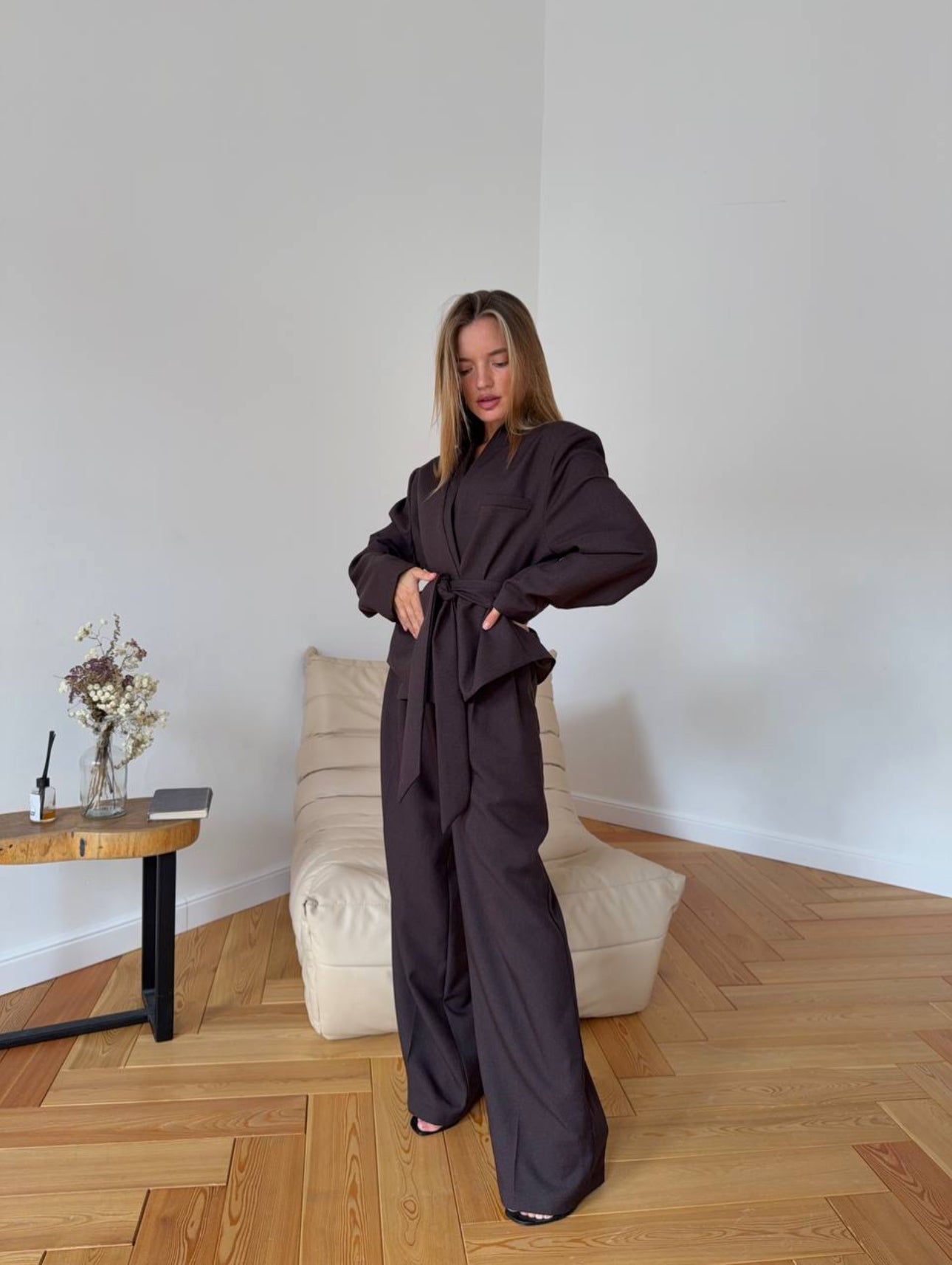 Grey Belted Blazer Set with Chic Oversized Trousers