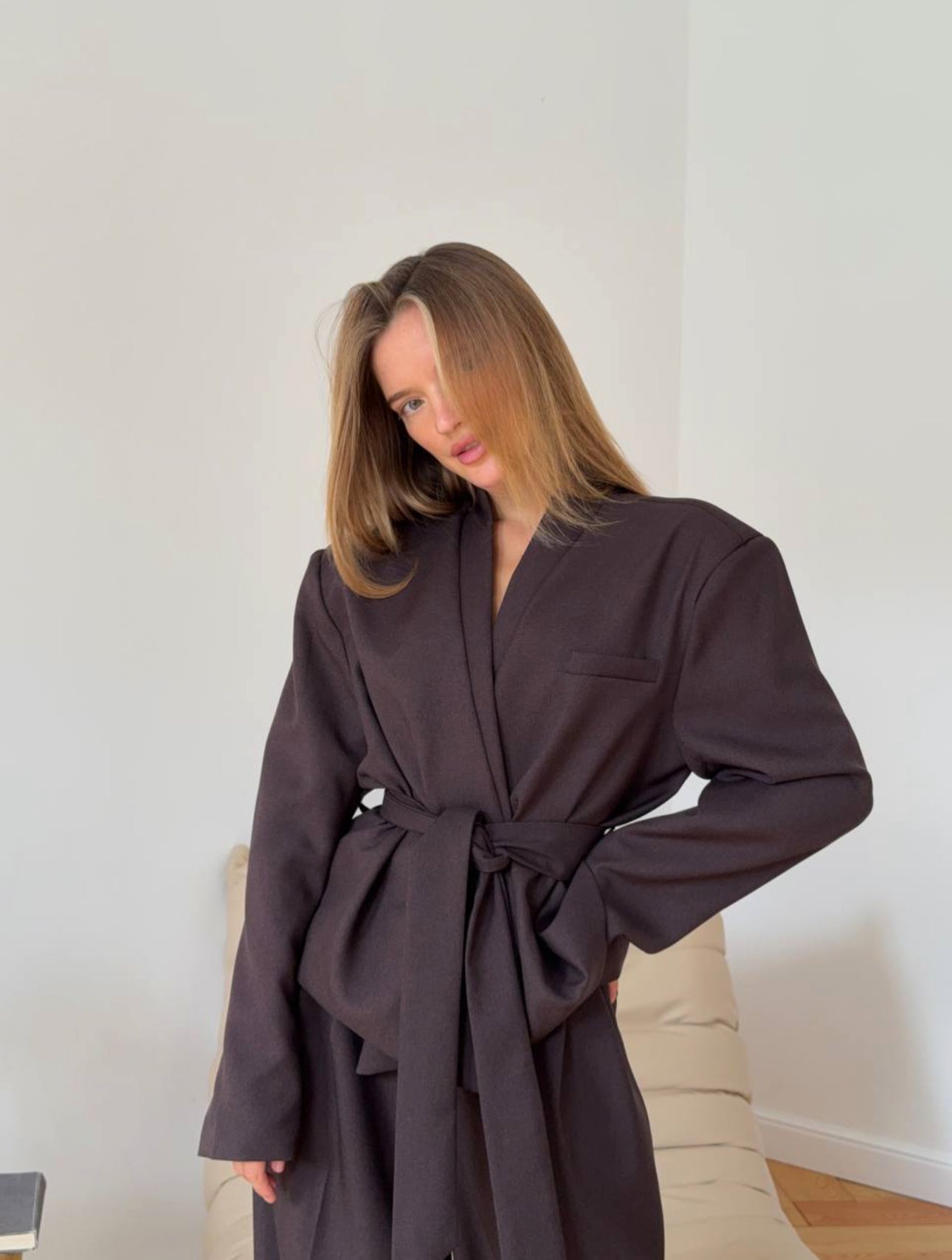 Grey Belted Blazer Set with Chic Oversized Trousers