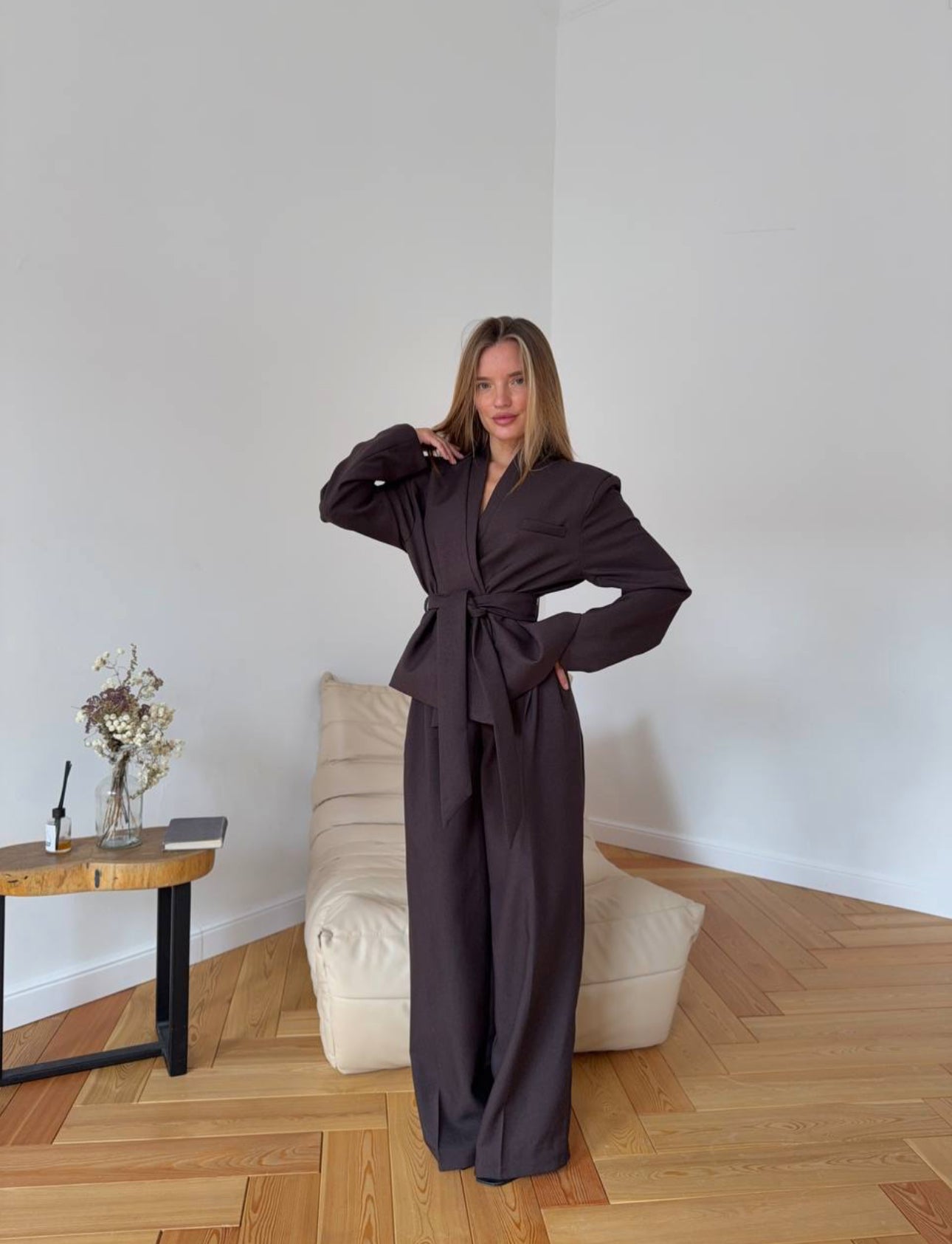 Grey Belted Blazer Set with Chic Oversized Trousers
