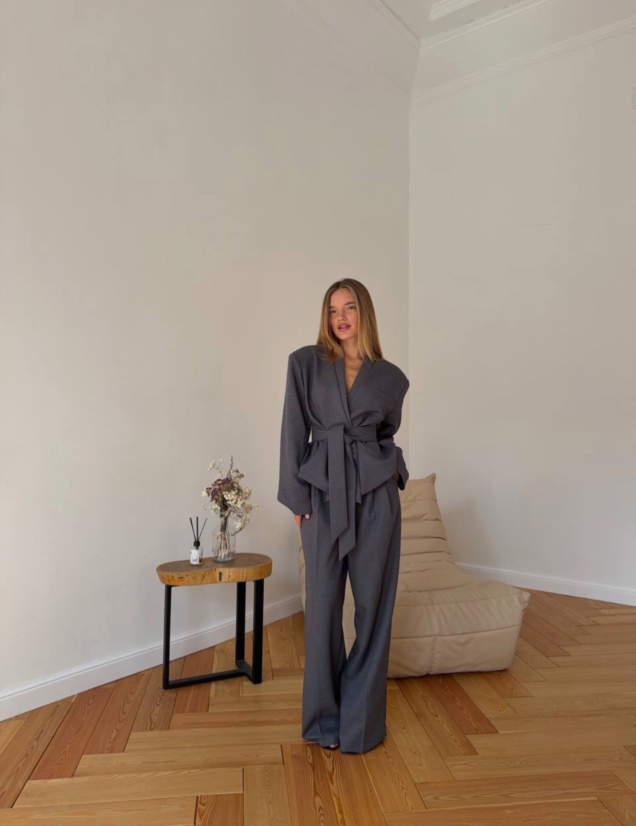 Grey Belted Blazer Set with Chic Oversized Trousers