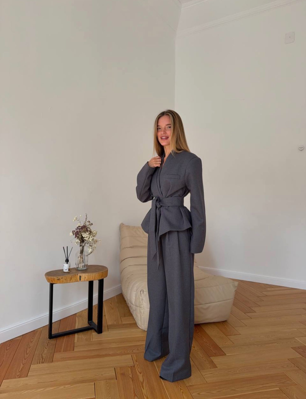 Grey Belted Blazer Set with Chic Oversized Trousers