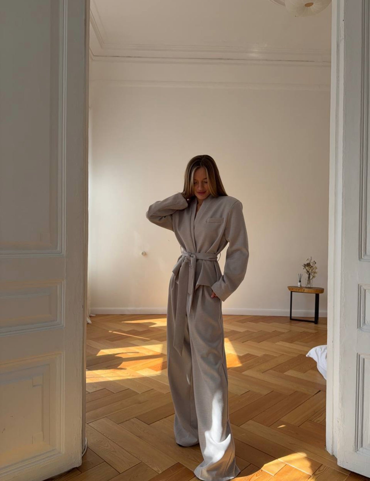 Grey Belted Blazer Set with Chic Oversized Trousers