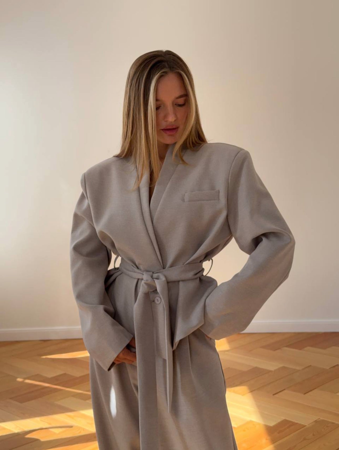 Grey Belted Blazer Set with Chic Oversized Trousers