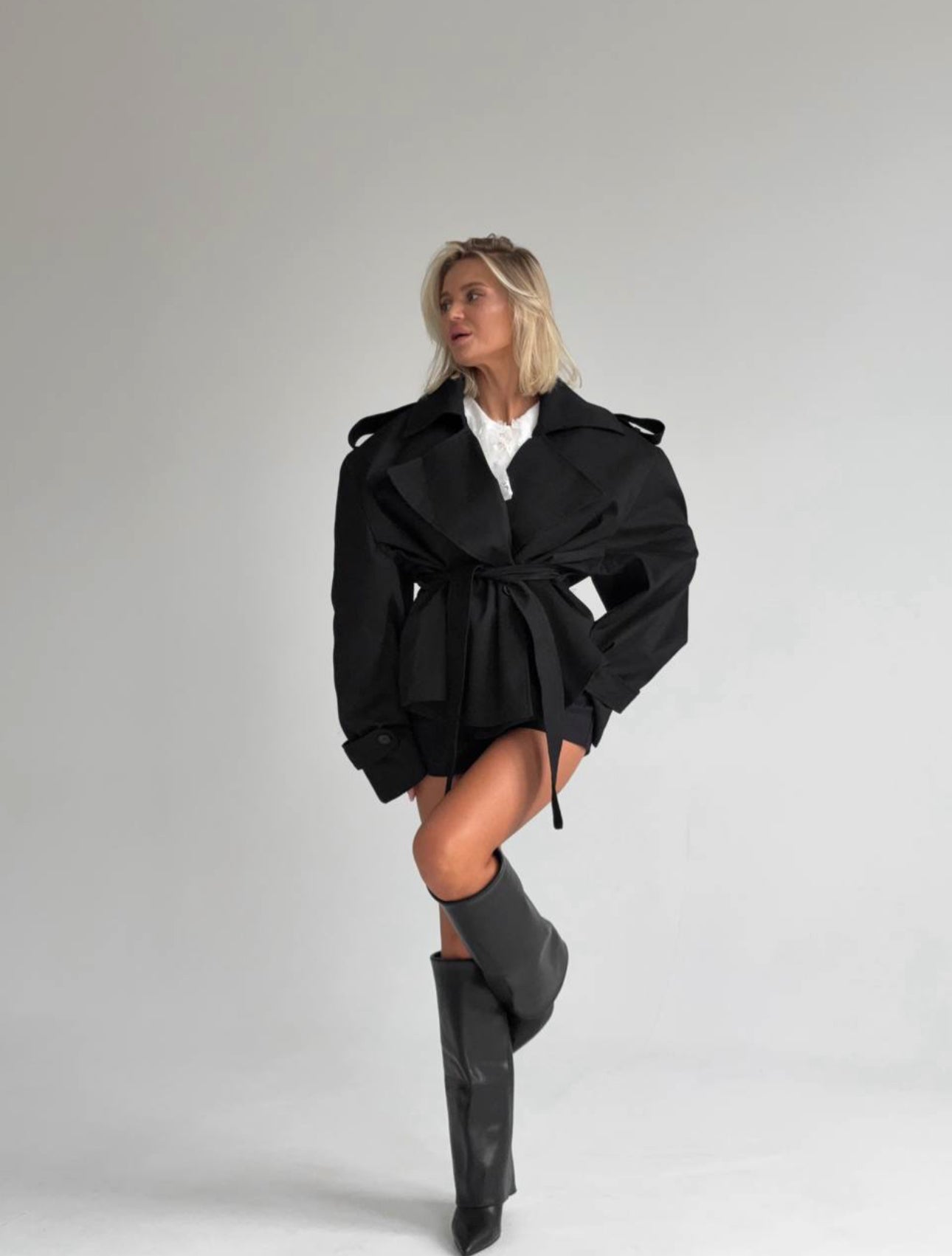 Black Belted Coat with Epaulettes and Cinched Waist