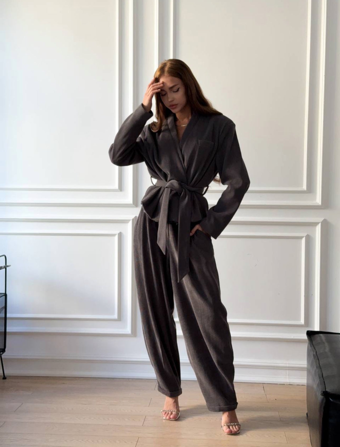 Grey Belted Blazer Set with Chic Oversized Trousers