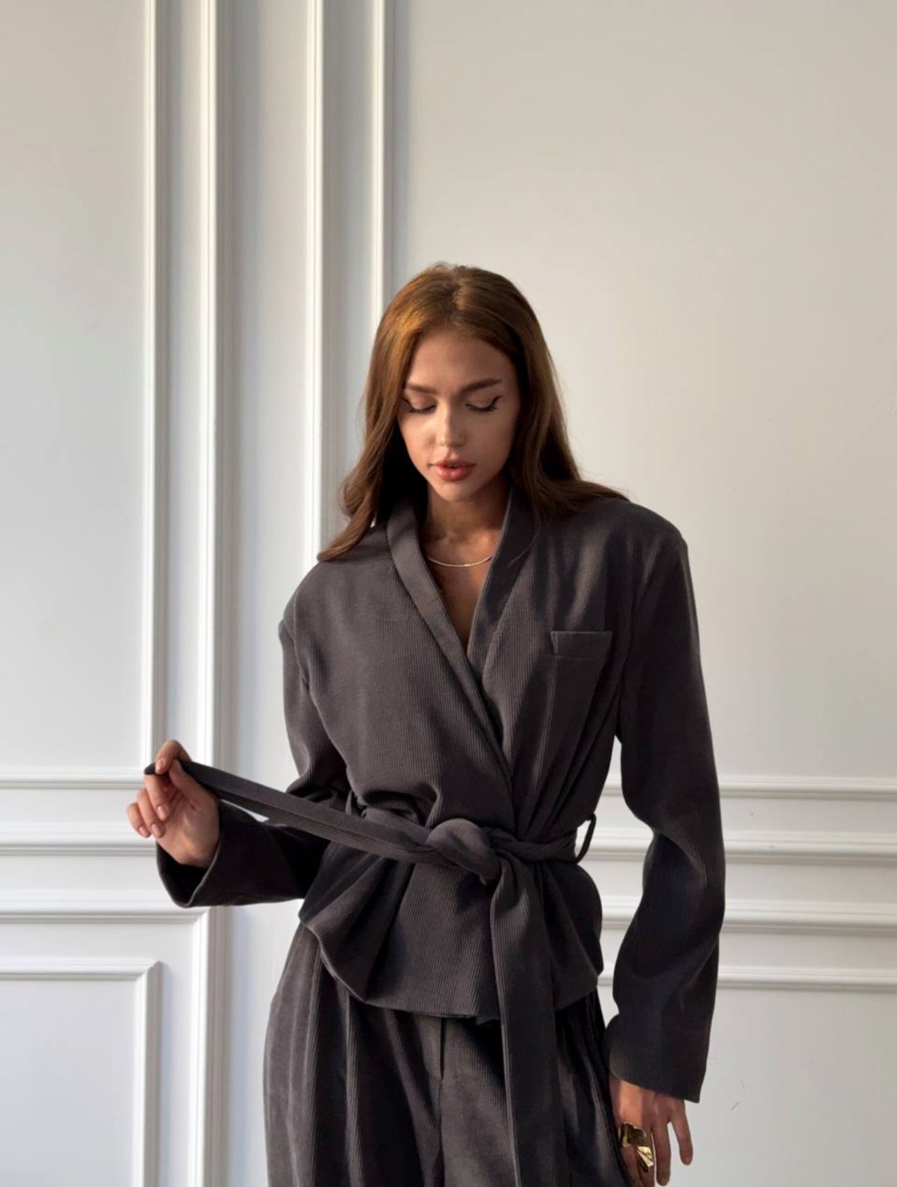 Grey Belted Blazer Set with Chic Oversized Trousers