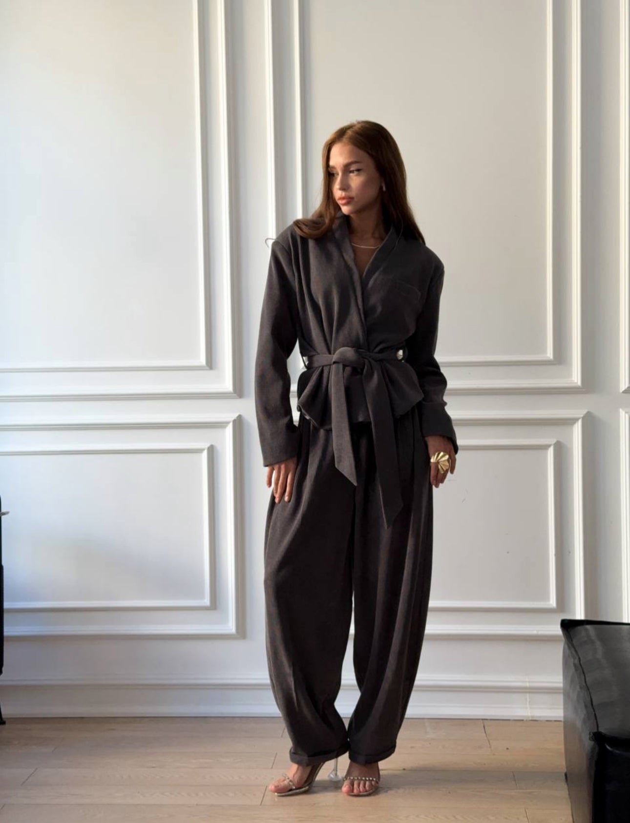 Grey Belted Blazer Set with Chic Oversized Trousers
