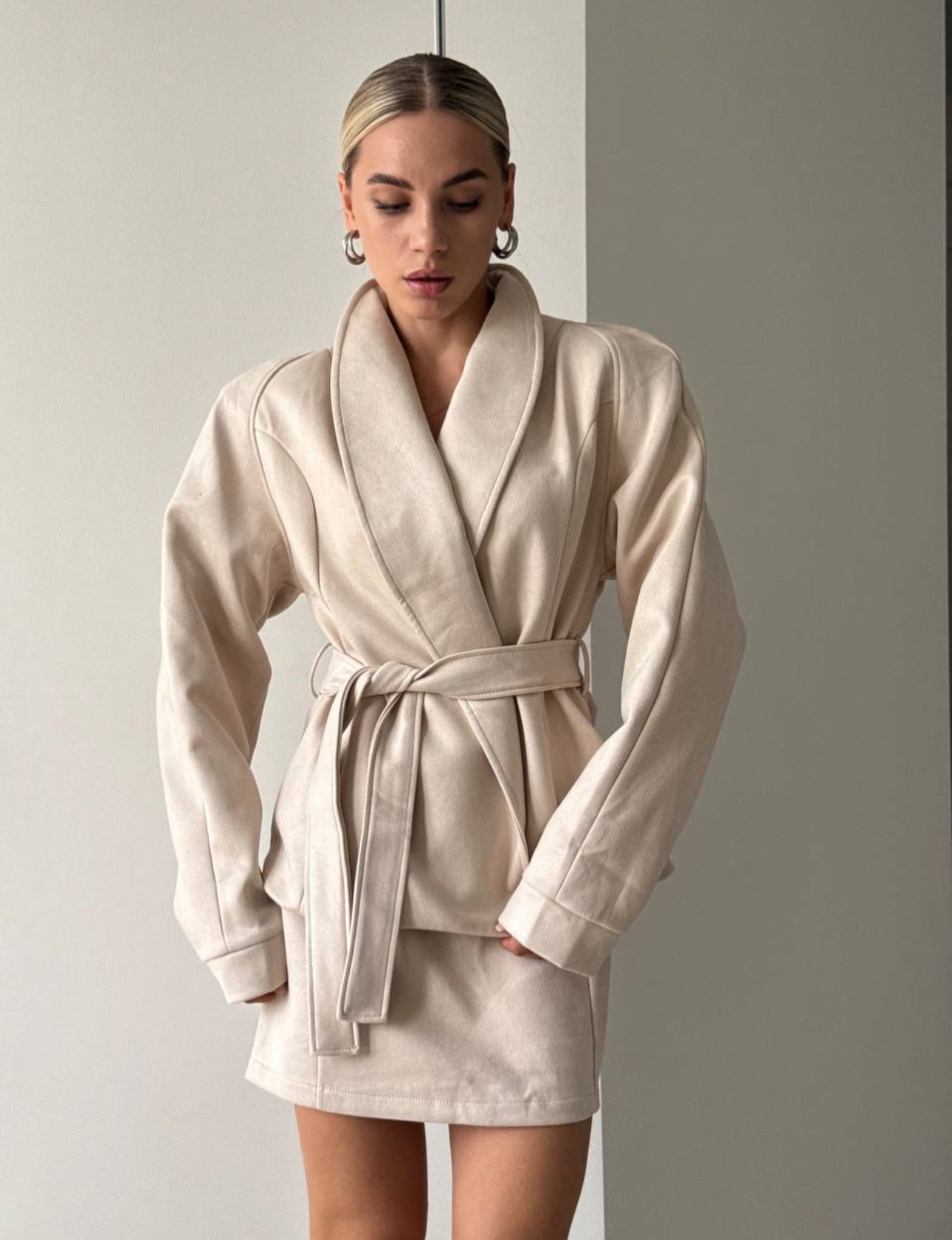 Suede Blouse and Belted Skirt Set