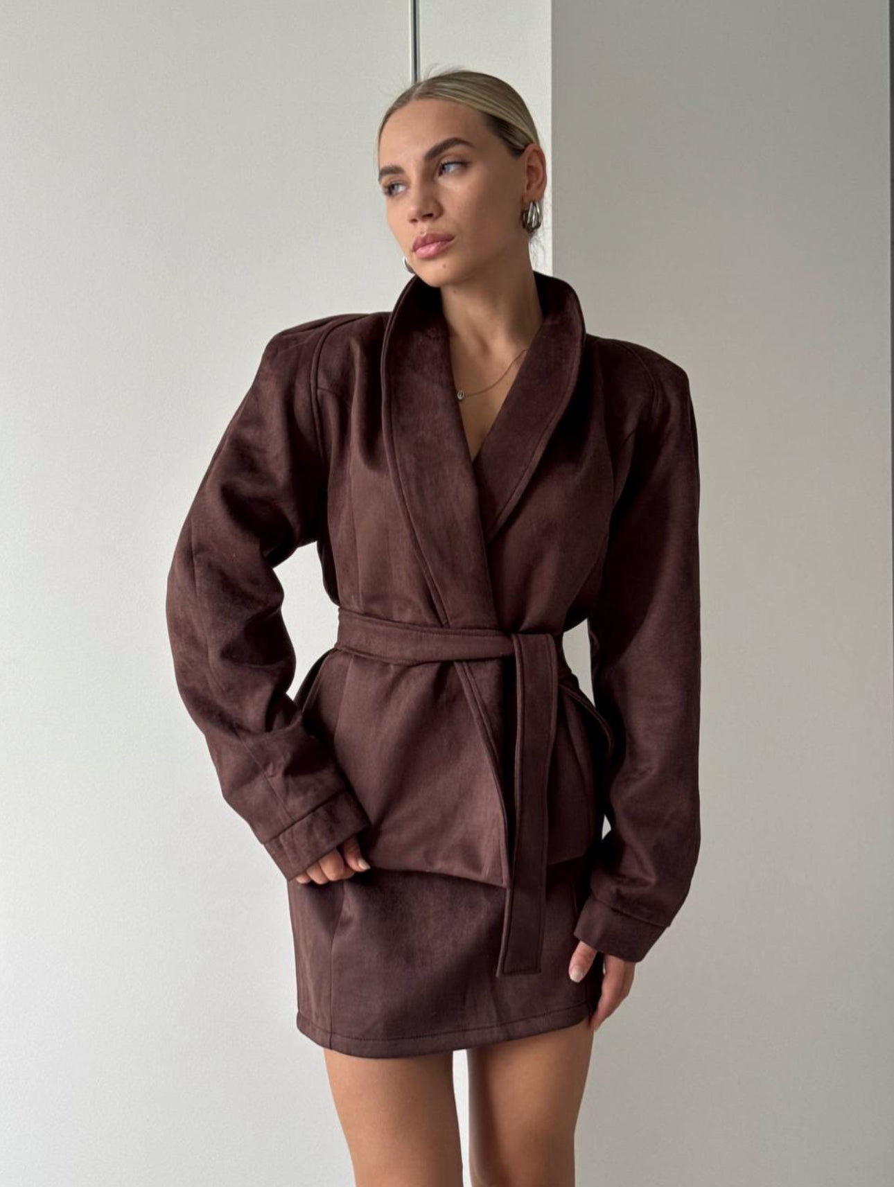 Suede Blouse and Belted Skirt Set