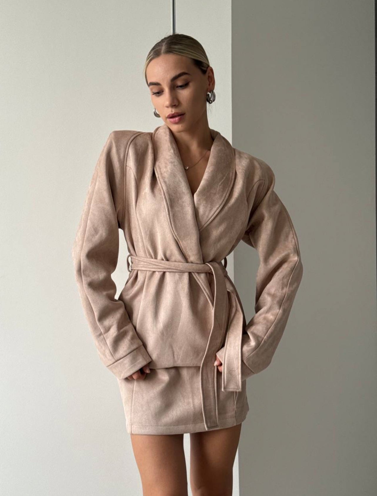 Suede Blouse and Belted Skirt Set
