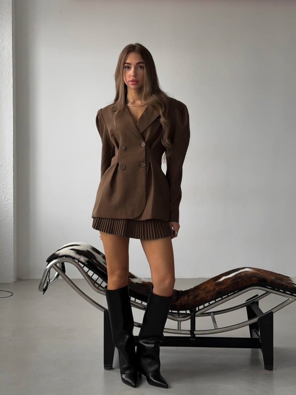 Brown Counter Jacket and Skirt Set