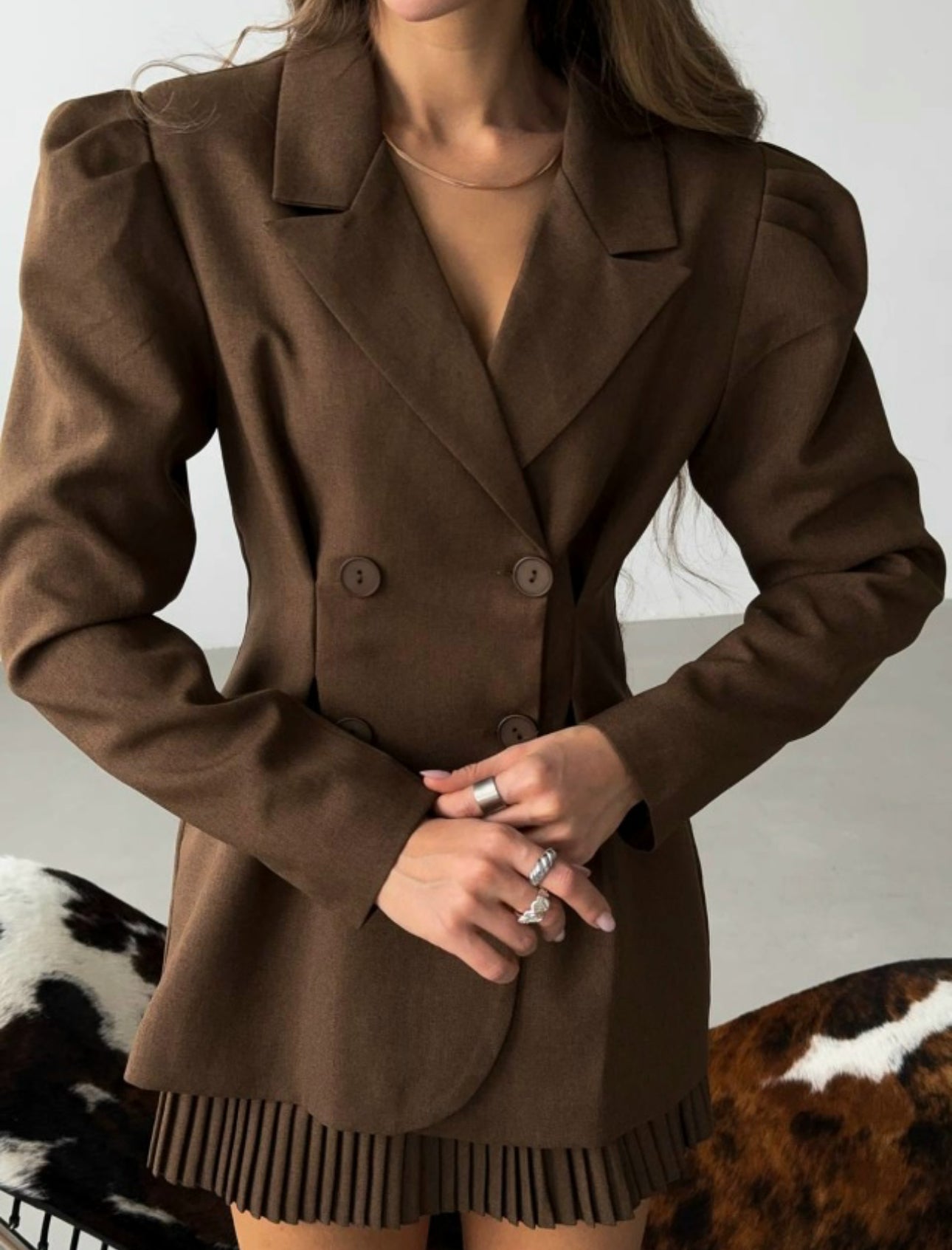 Brown Counter Jacket and Skirt Set