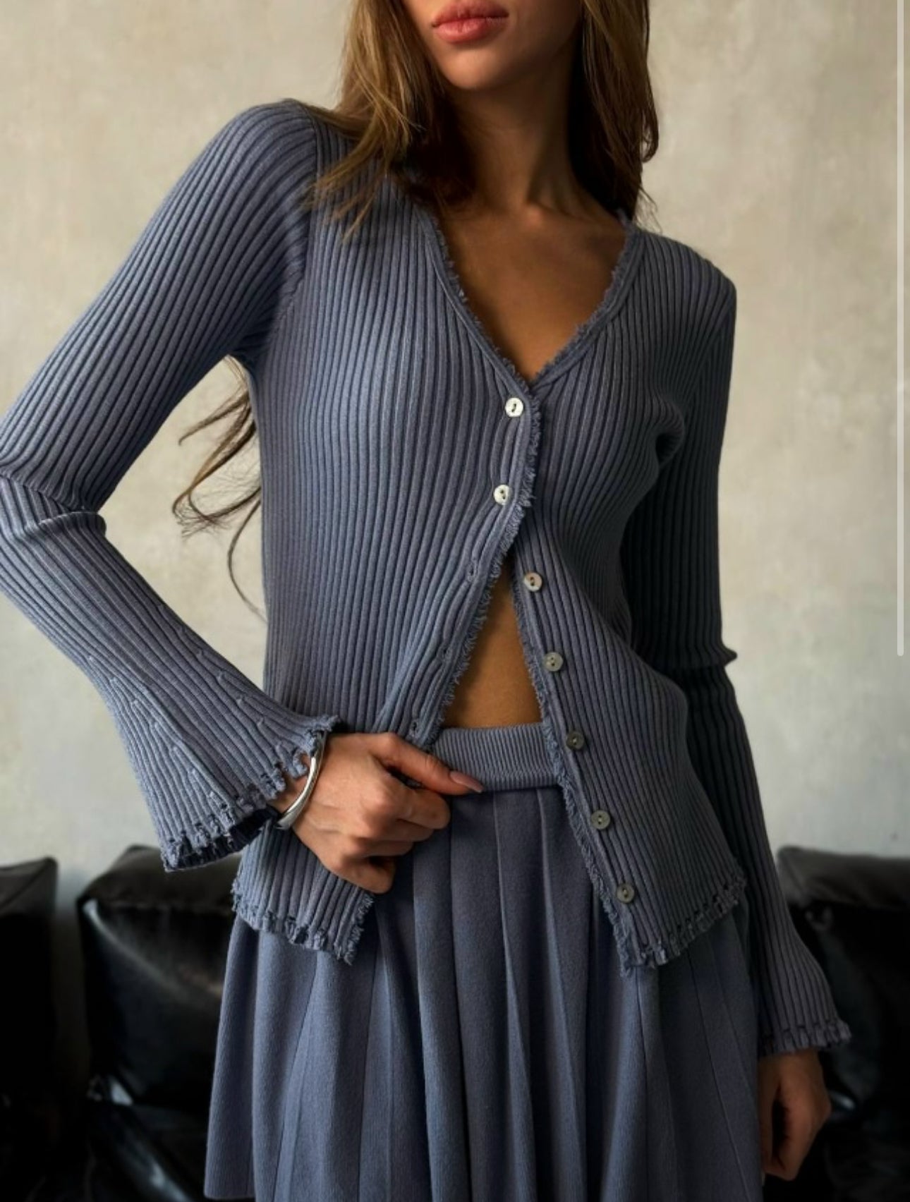 Blue Buttoned Sweater and Pleated Skirt Set