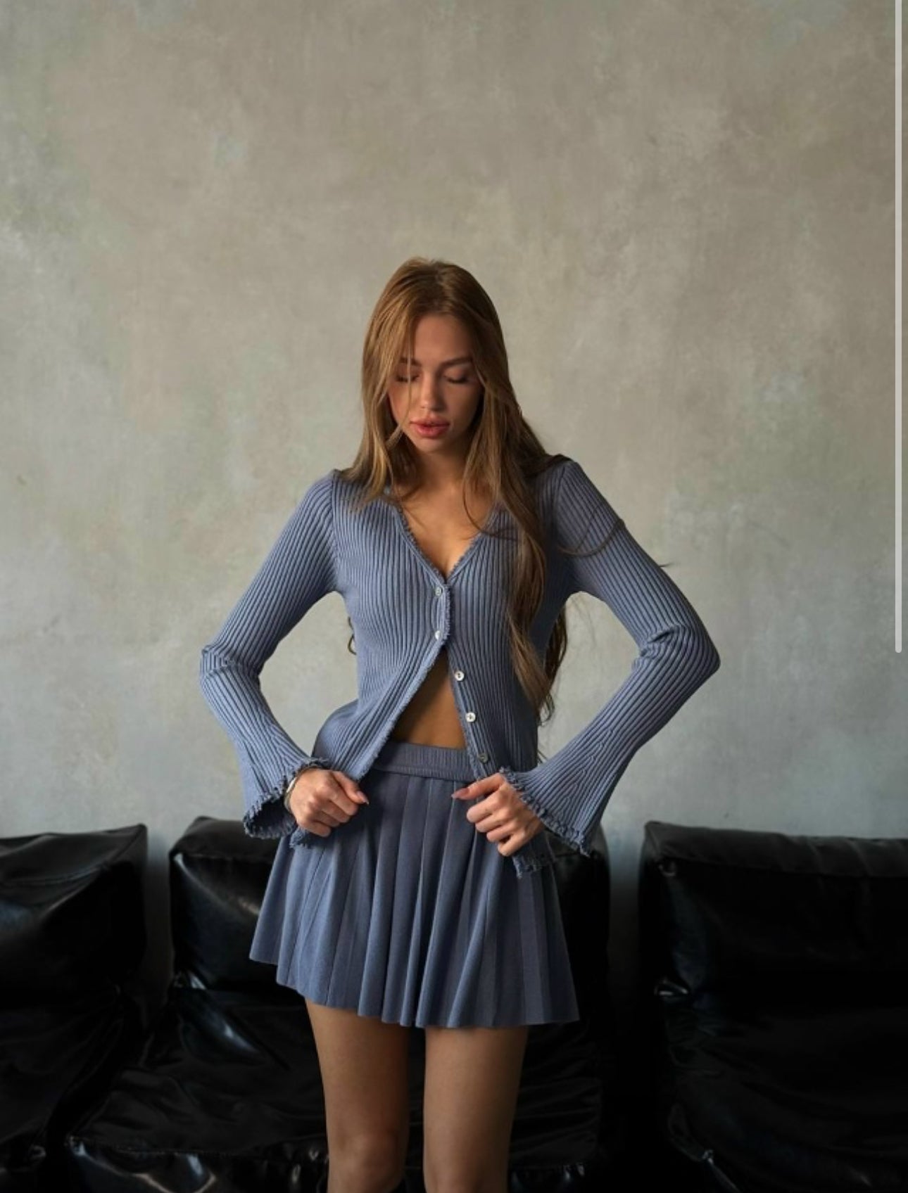 Blue Buttoned Sweater and Pleated Skirt Set