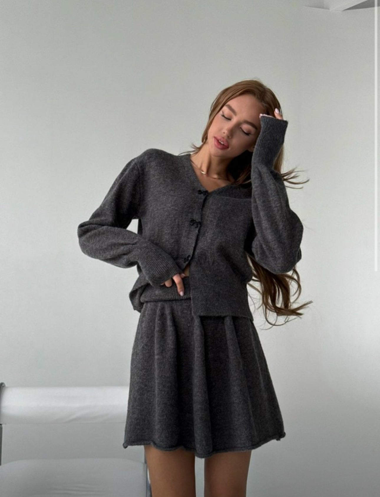 Buttoned Wool Sweater and Comfort Skirt Set