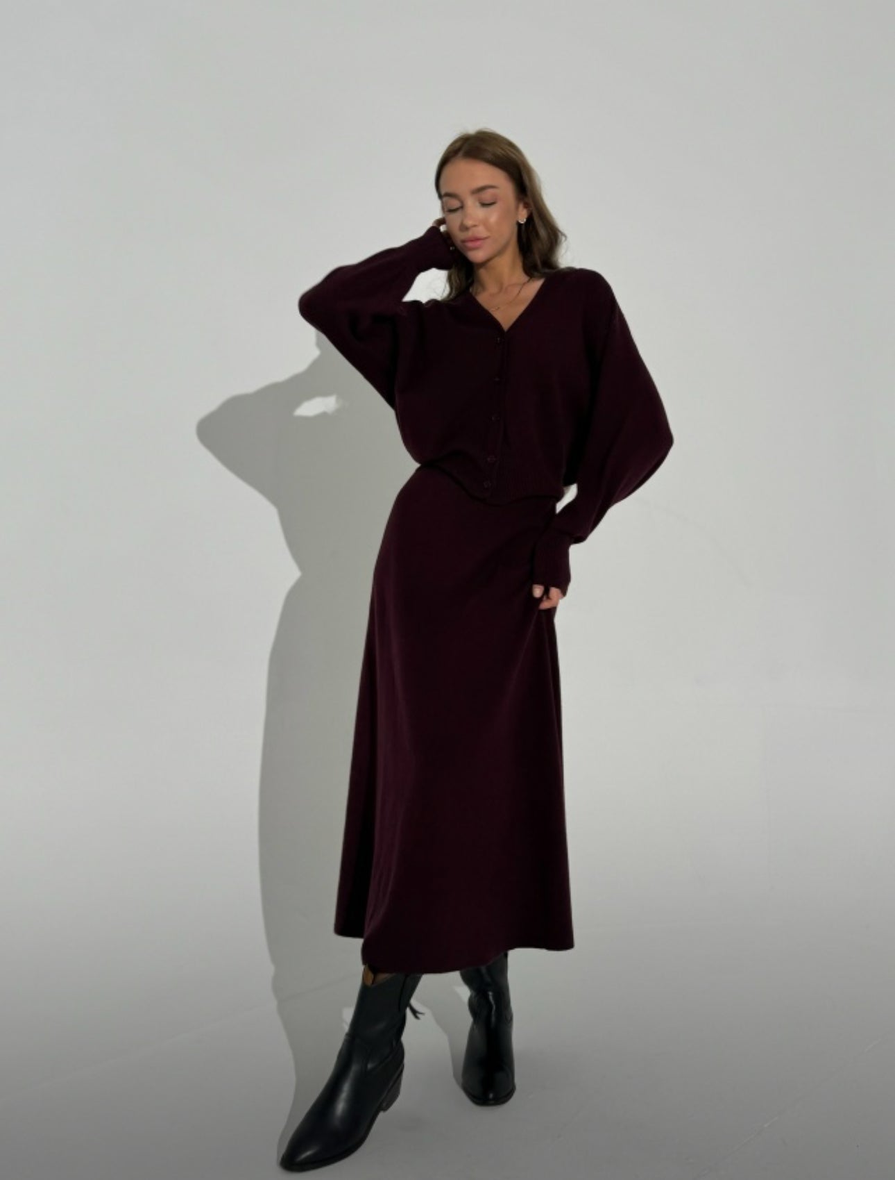 Burgundy Buttoned Sweater and Matching Skirt Set